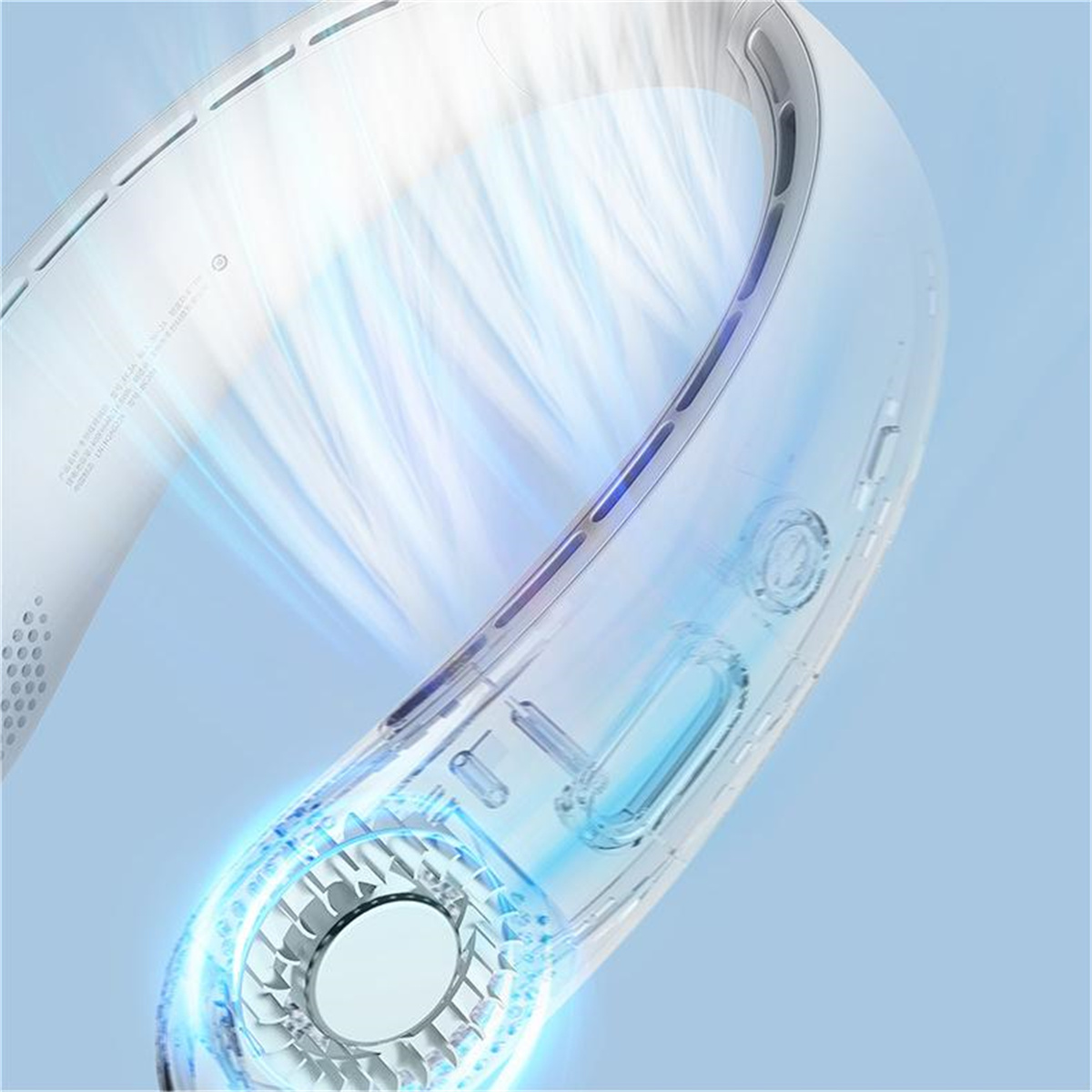 Weißer Nackenventilator mit transparentem Bereich und blauer Luftstromillustration.