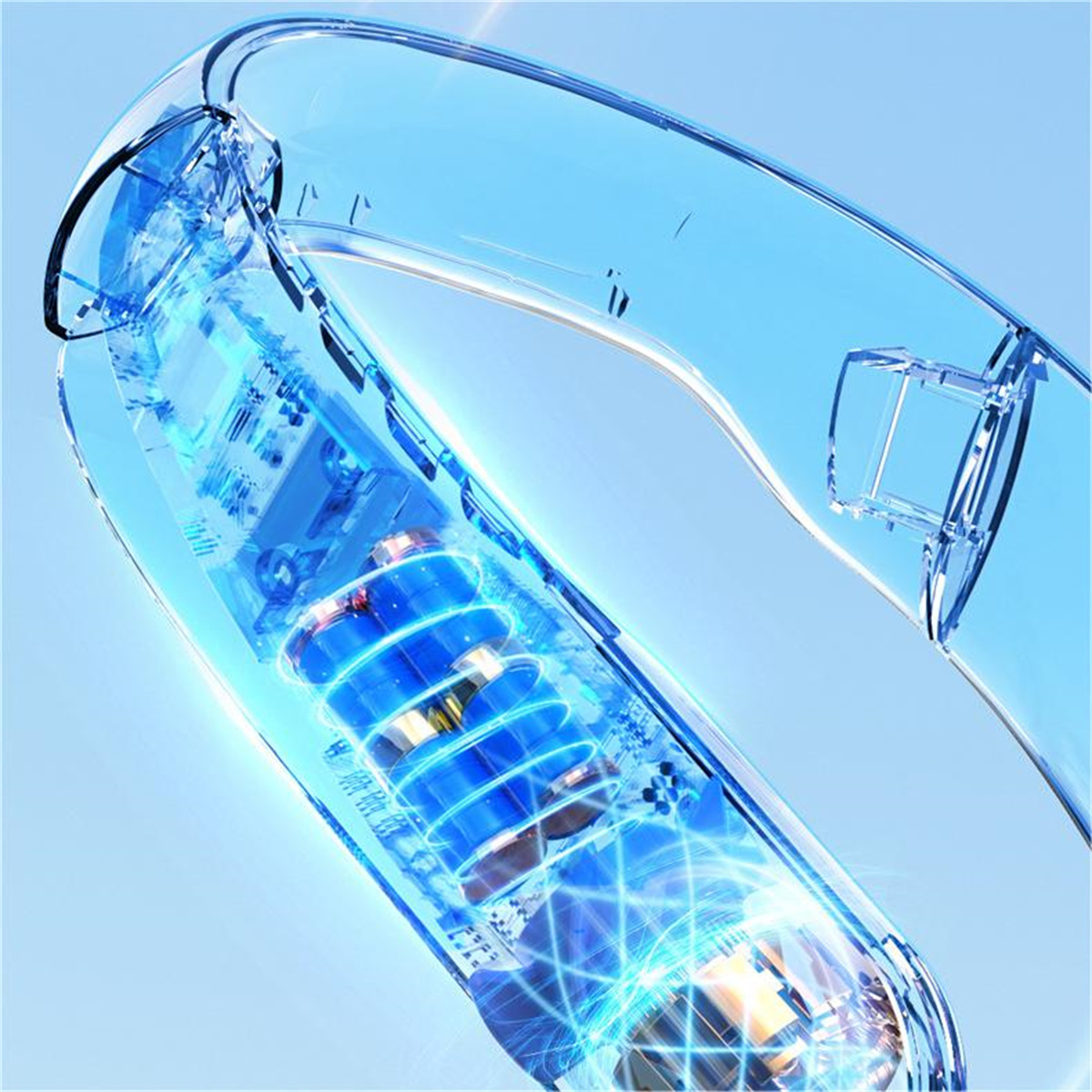 Nahaufnahme eines blauen und transparenten Geräts mit sichtbaren Lichtern und internen Komponenten.