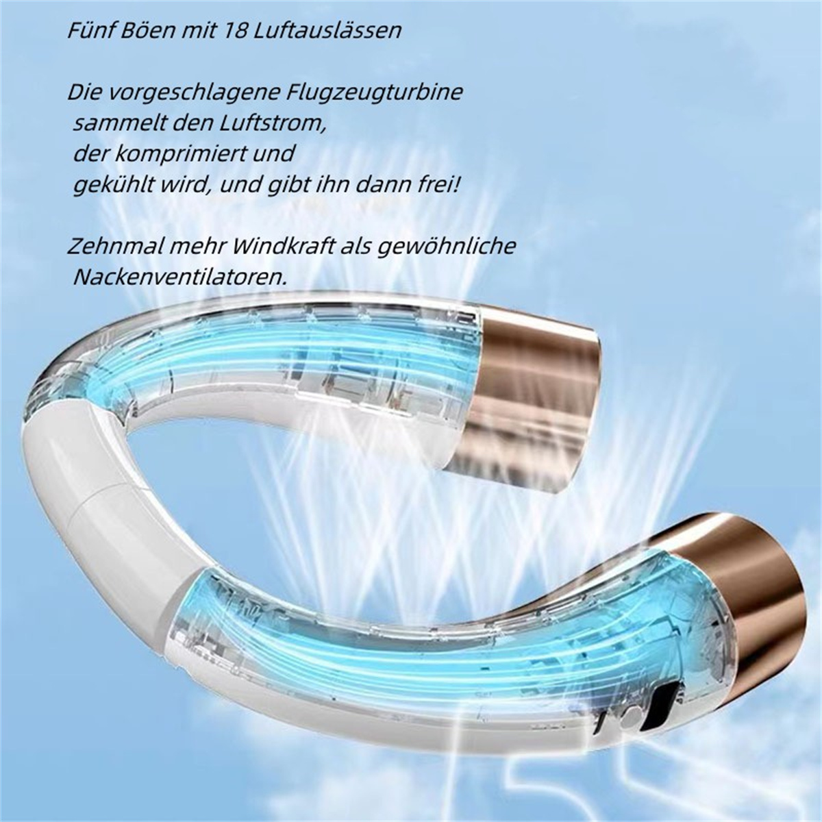 Ein tragbarer Nackenventilator mit blauem Licht auf hellblauem Hintergrund.