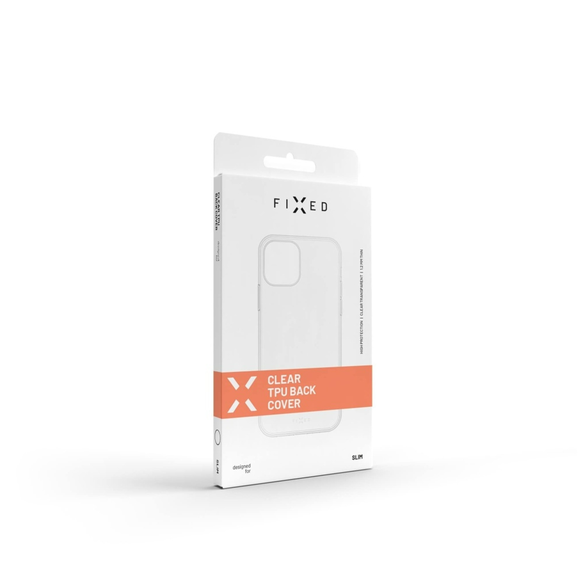 Weiße Schachtel mit 'FIXED'-Logo, 'CLEAR TPU BACK COVER'-Text und einer Handyhülle.