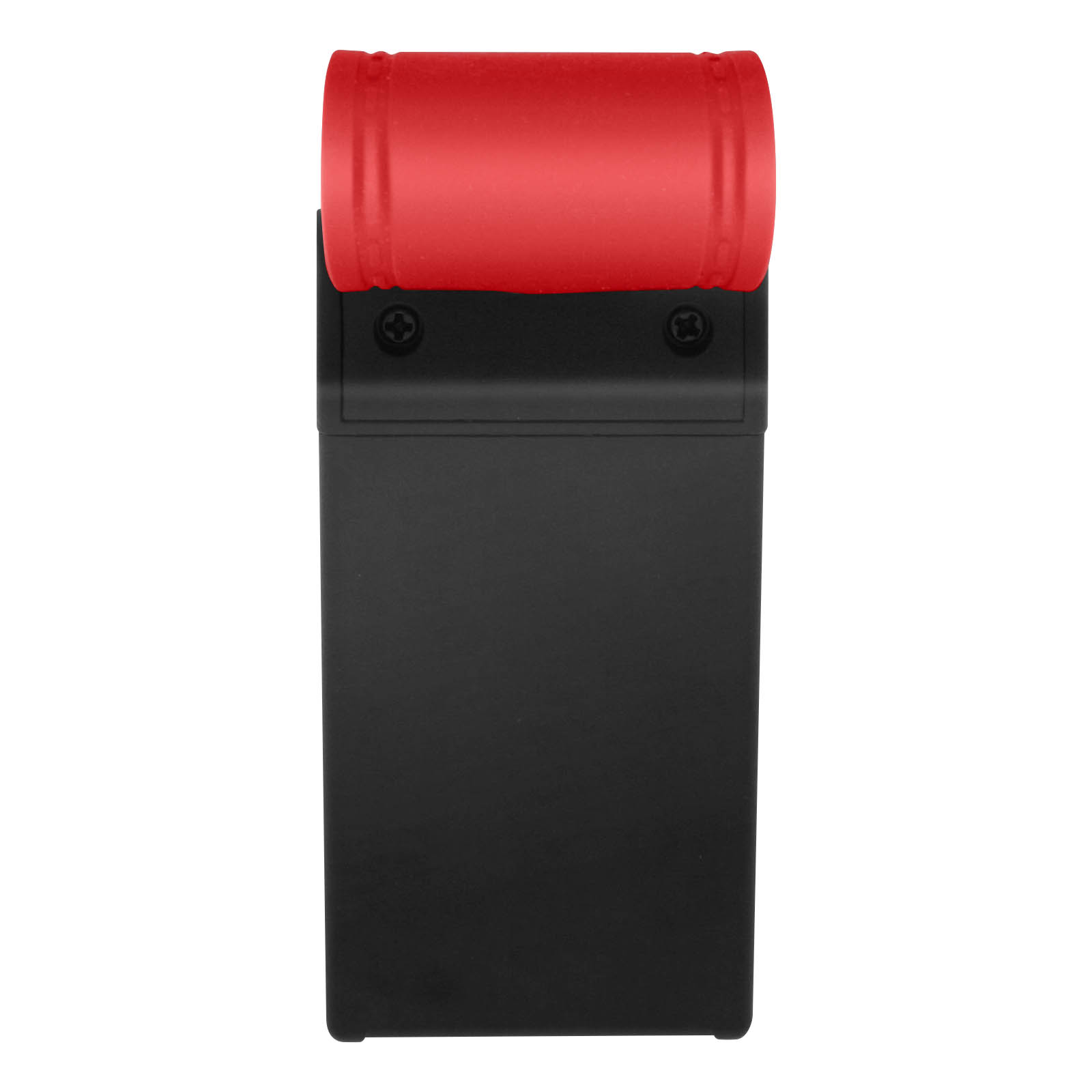 Un objeto rectangular negro con una parte superior cilíndrica roja y tornillos sobre un fondo blanco.