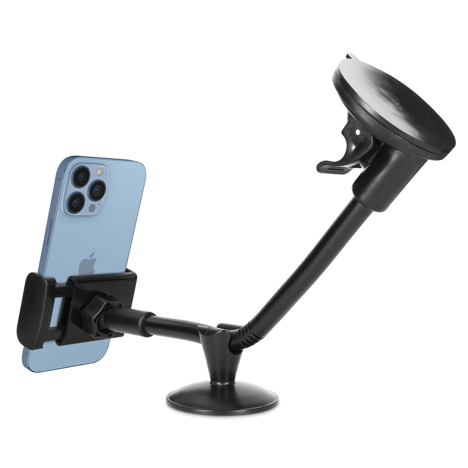 Ein Telefon ist mit einem Saugnapf an einer Autoscheibe befestigt. Es ist schwarz und hält ein blaues Telefon.