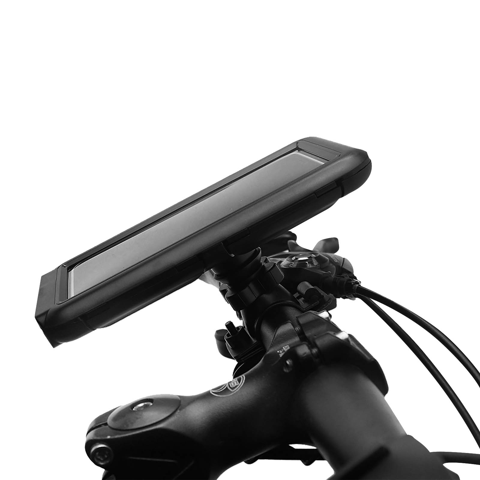 Un supporto per telefono nero attaccato al manubrio di una bicicletta. Il telefono è dentro il supporto.