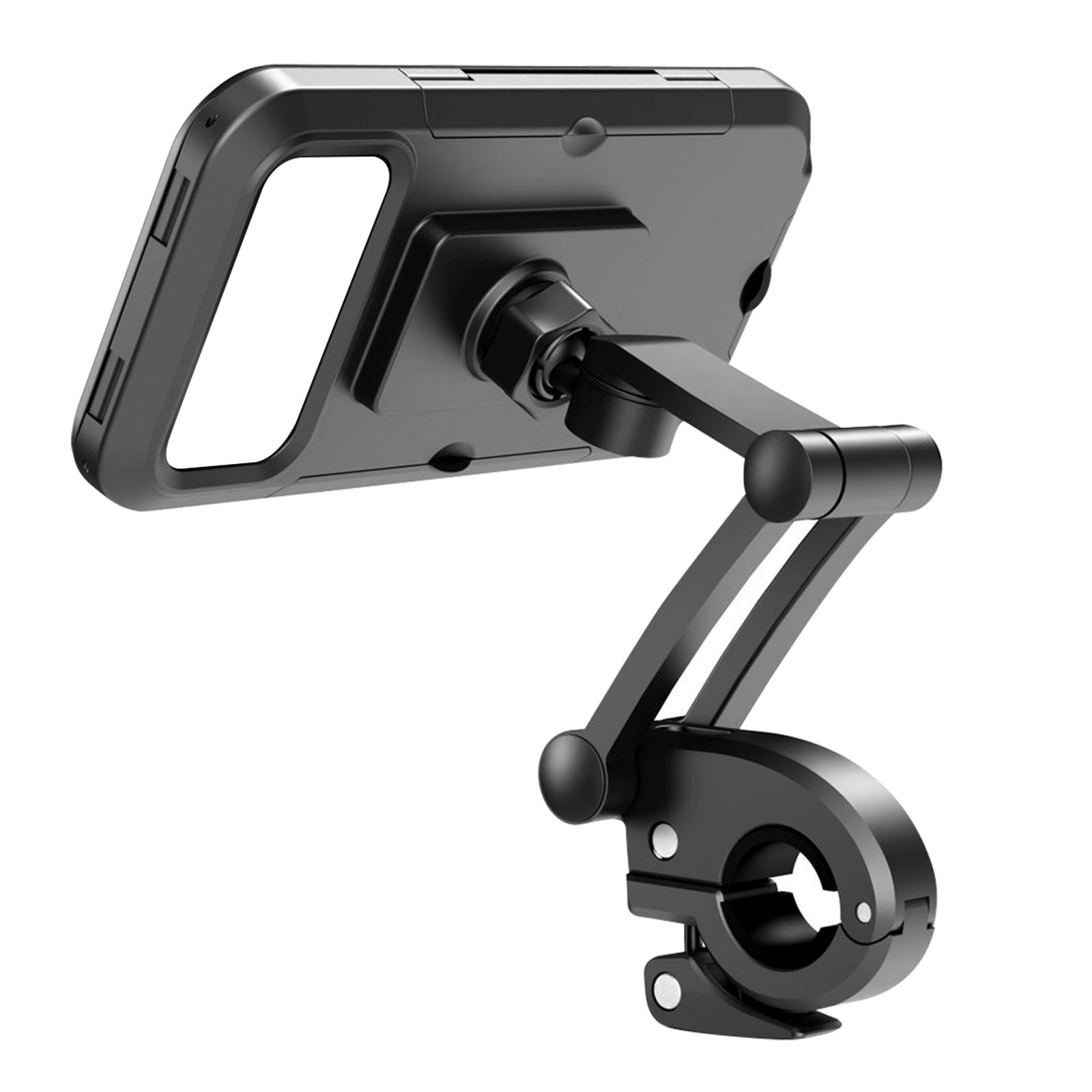 Supporto telefono nero per bicicletta. Braccio regolabile, con morsetto per fissare.