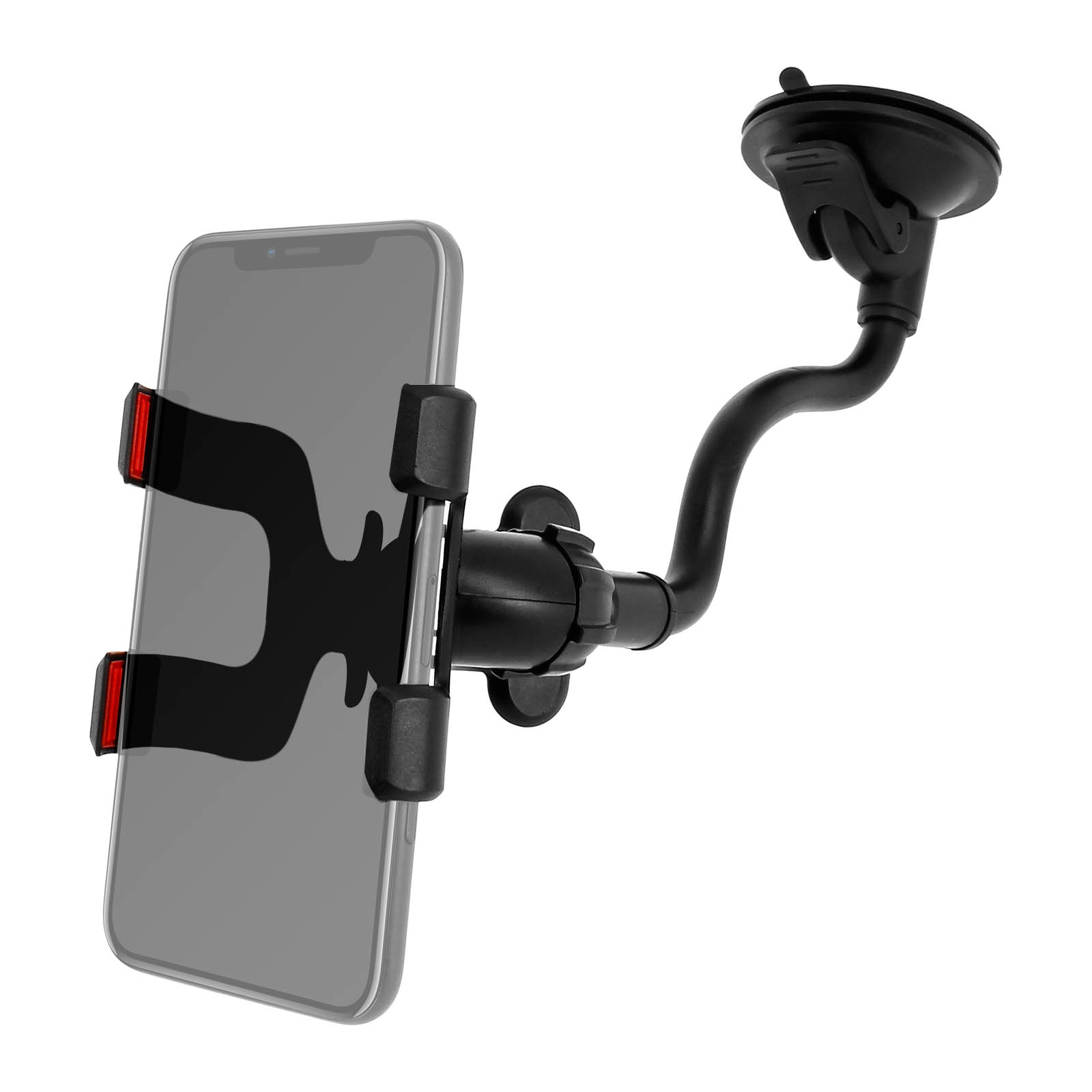 Un telefono è montato su un finestrino dell'auto con un braccio flessibile. Il telefono è grigio.
