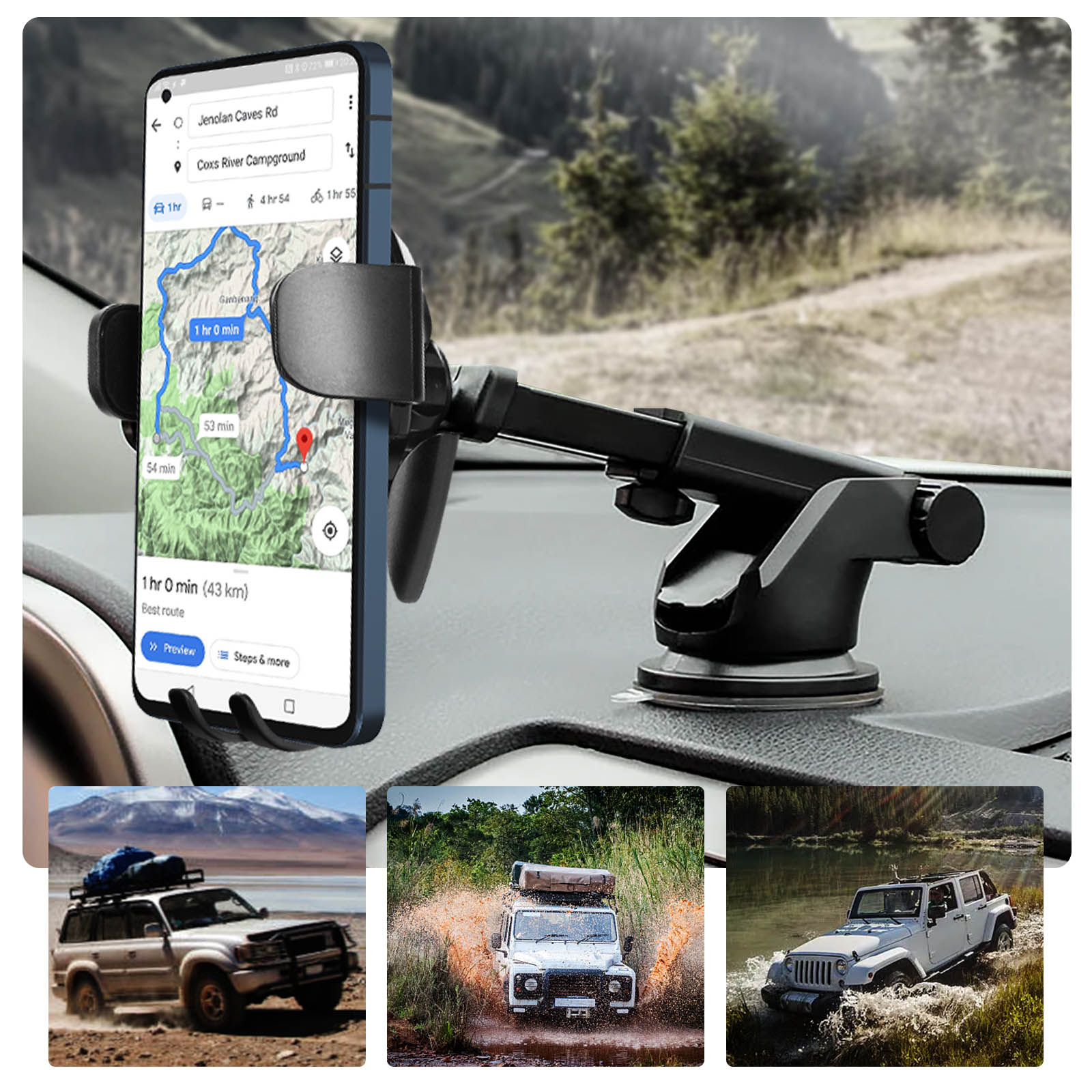 Supporto per telefono da auto con mappa. Tre piccole immagini di auto sotto.