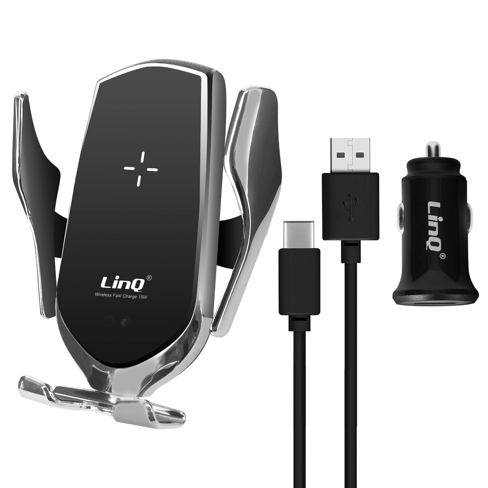 Caricabatterie wireless nero e argento con cavi USB e USB-C e caricabatterie per auto.