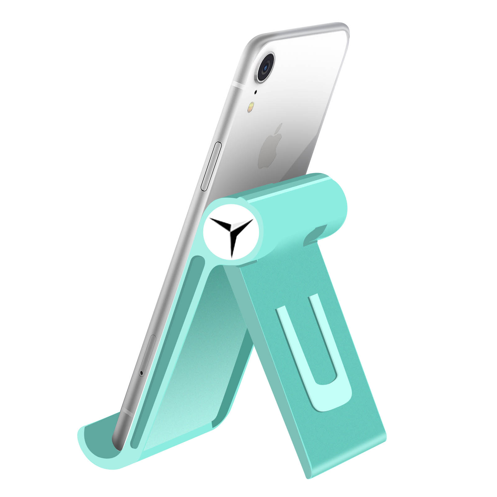 Supporto per telefono color verde acqua che tiene un telefono. Il telefono è argento. Sfondo bianco.