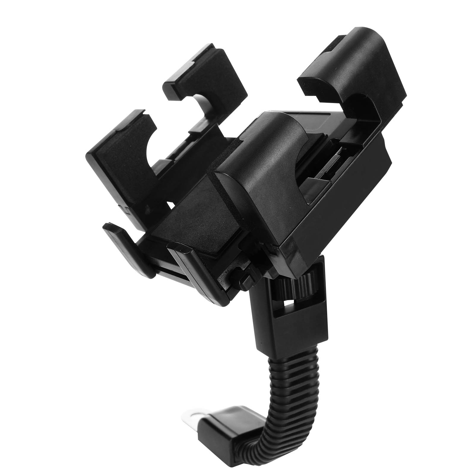 Supporto nero per telefono da auto, con braccio flessibile e supporto.