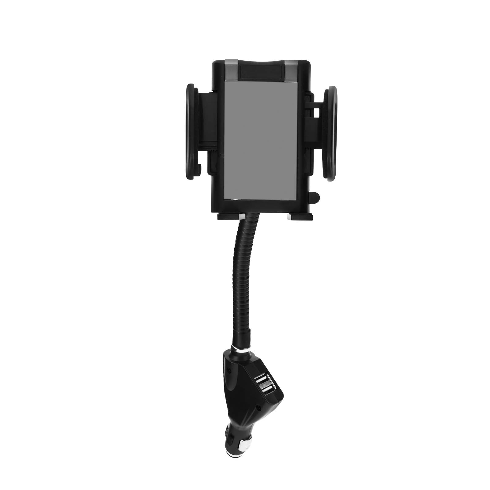 Schwarzer Autotelefonhalter mit flexiblem Arm und Autostromadapter mit USB-Anschlüssen.