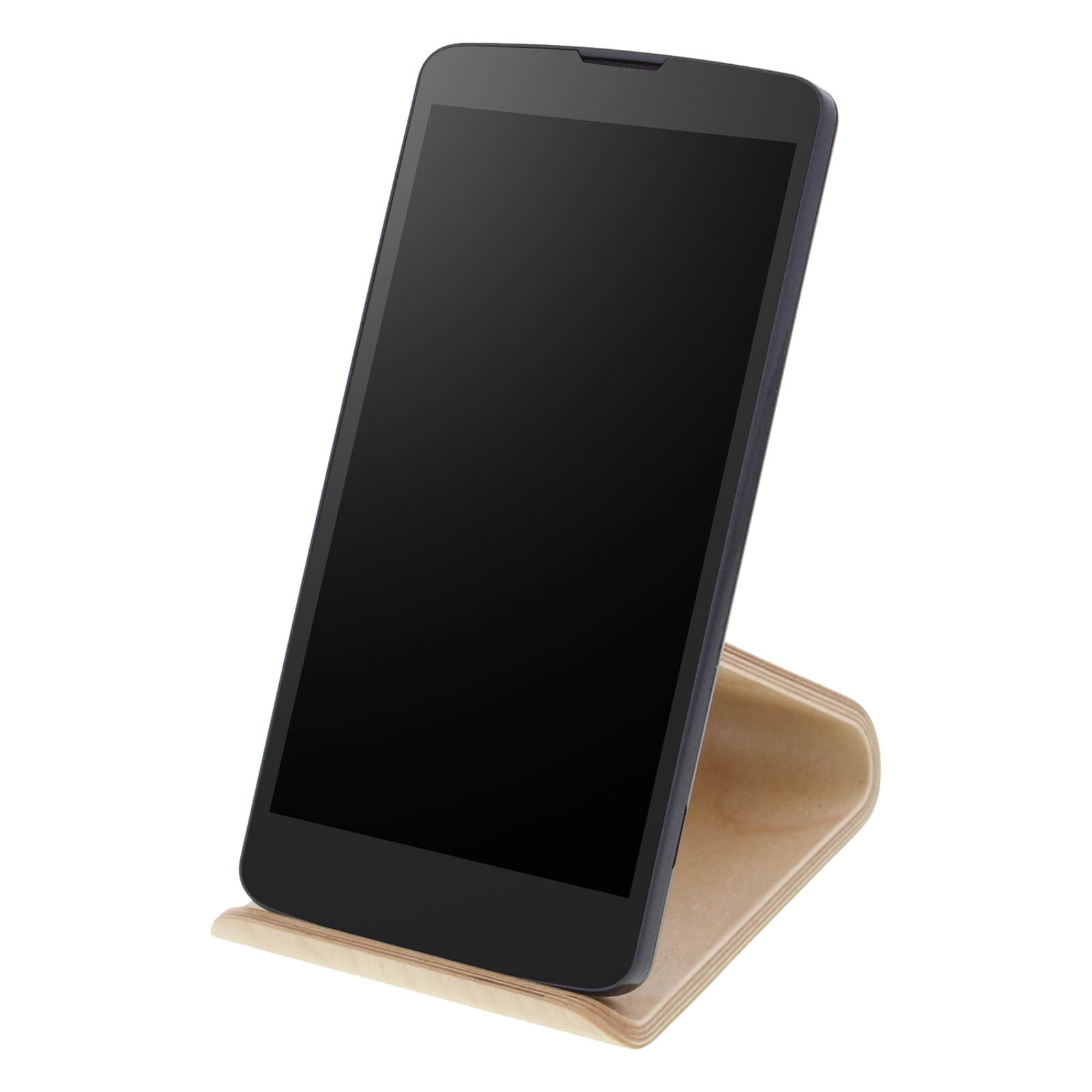 Ein schwarzes Smartphone auf einem Holzständer. Weißer Hintergrund.
