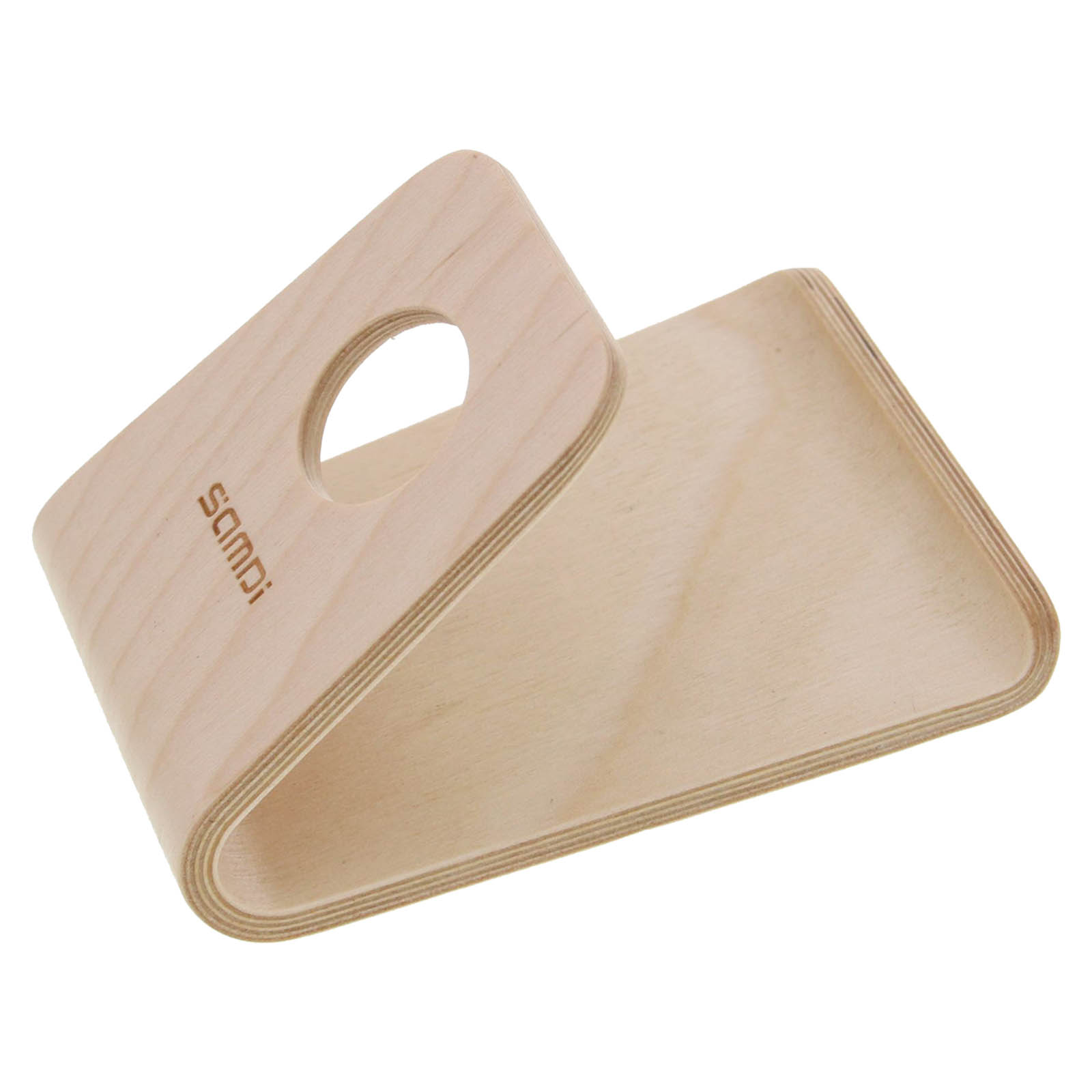 Ein hellfarbiger Handy-Ständer aus Holz. Er hat eine gebogene Basis und einen Schlitz zum Halten.