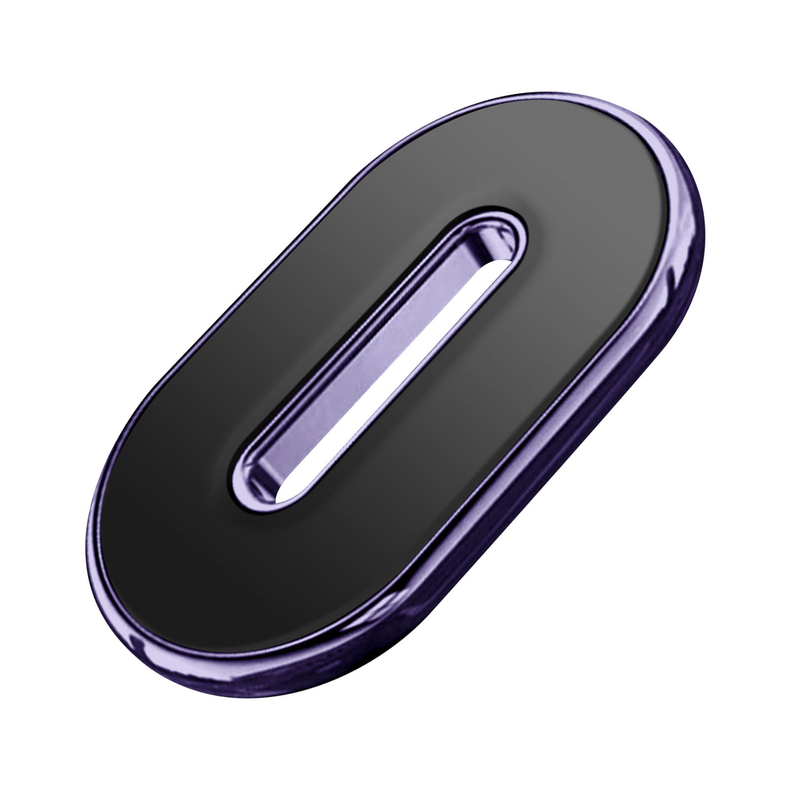 Ein schwarzer, oval geformter Autotelefonhalter. Der Halter hat eine violette Metallic-Oberfläche.