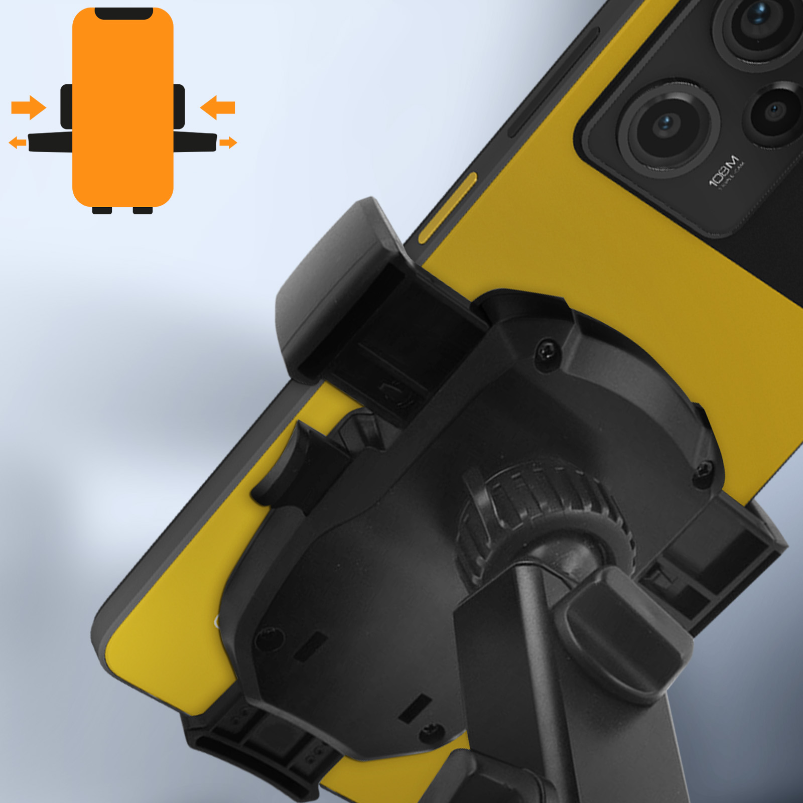 Ein gelbes Telefon ist an einer schwarzen Autotelefonhalterung montiert, mit Pfeilen.