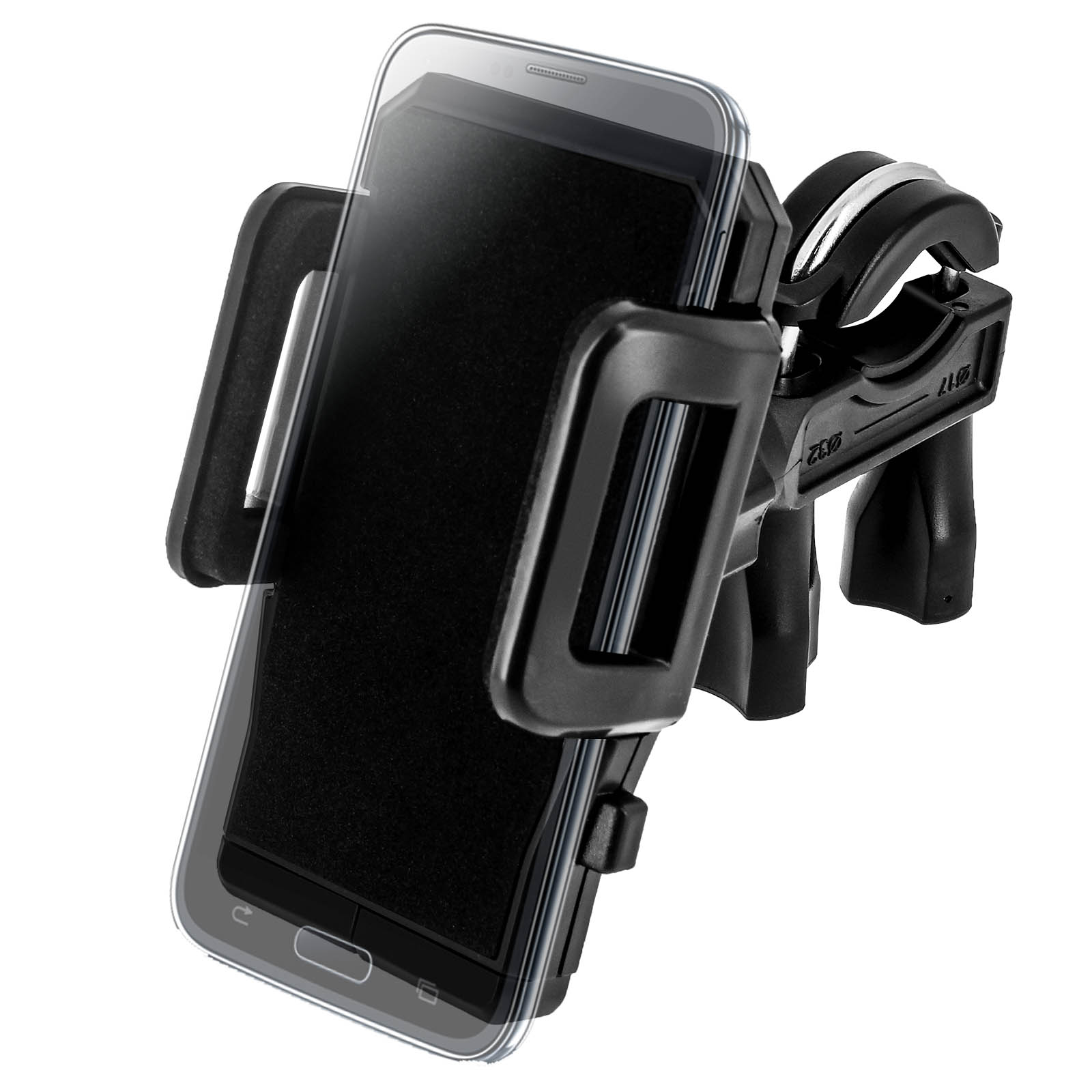 Un supporto per telefono nero attaccato a un manubrio di bicicletta, che tiene uno smartphone.