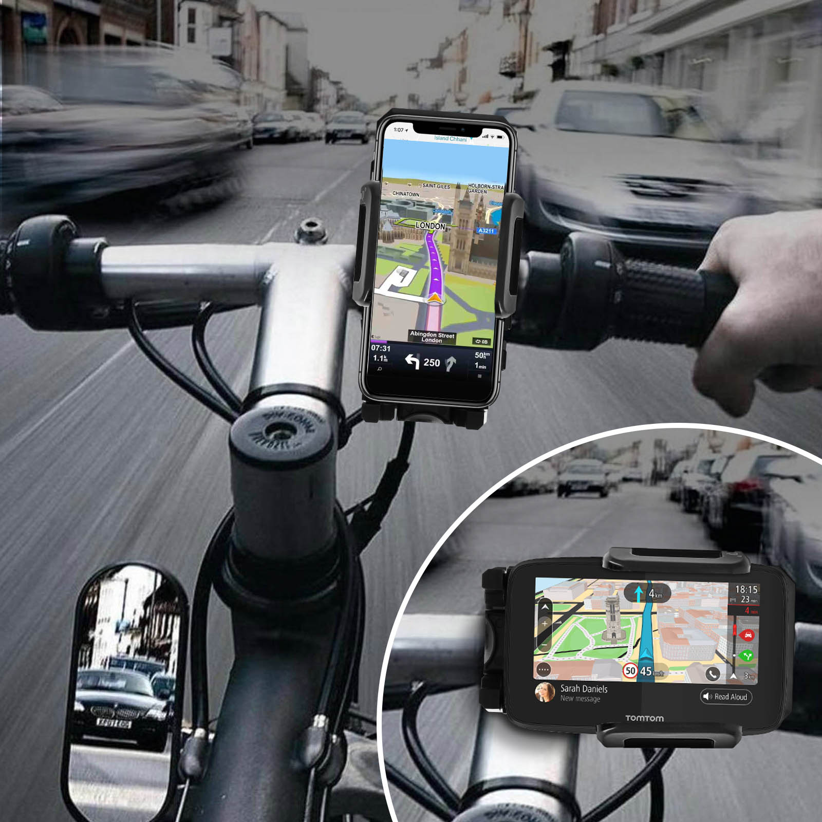Un telefono montato su una bici, che mostra un'app di navigazione, con auto sullo sfondo.
