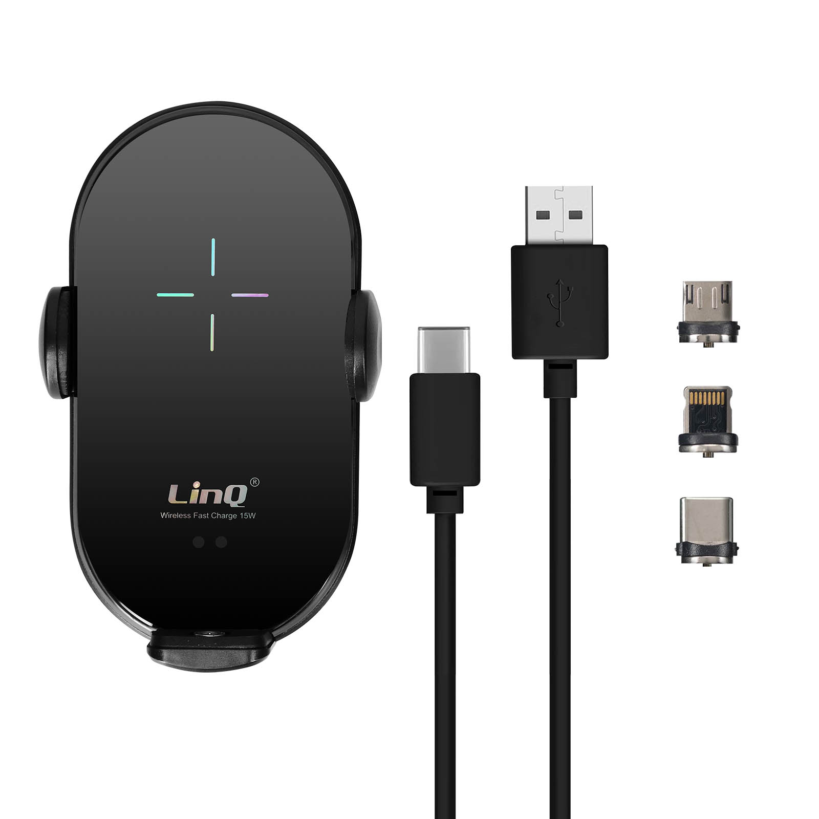 Caricabatterie wireless nero con cavi di ricarica e vari adattatori per porte di ricarica.