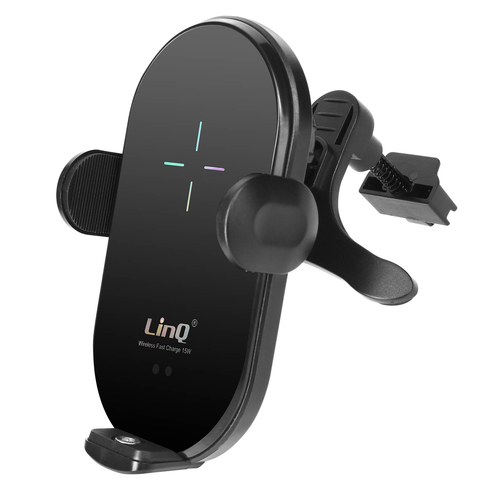 Caricabatterie per telefono da auto wireless nero. Il caricabatterie ha un supporto per telefono.