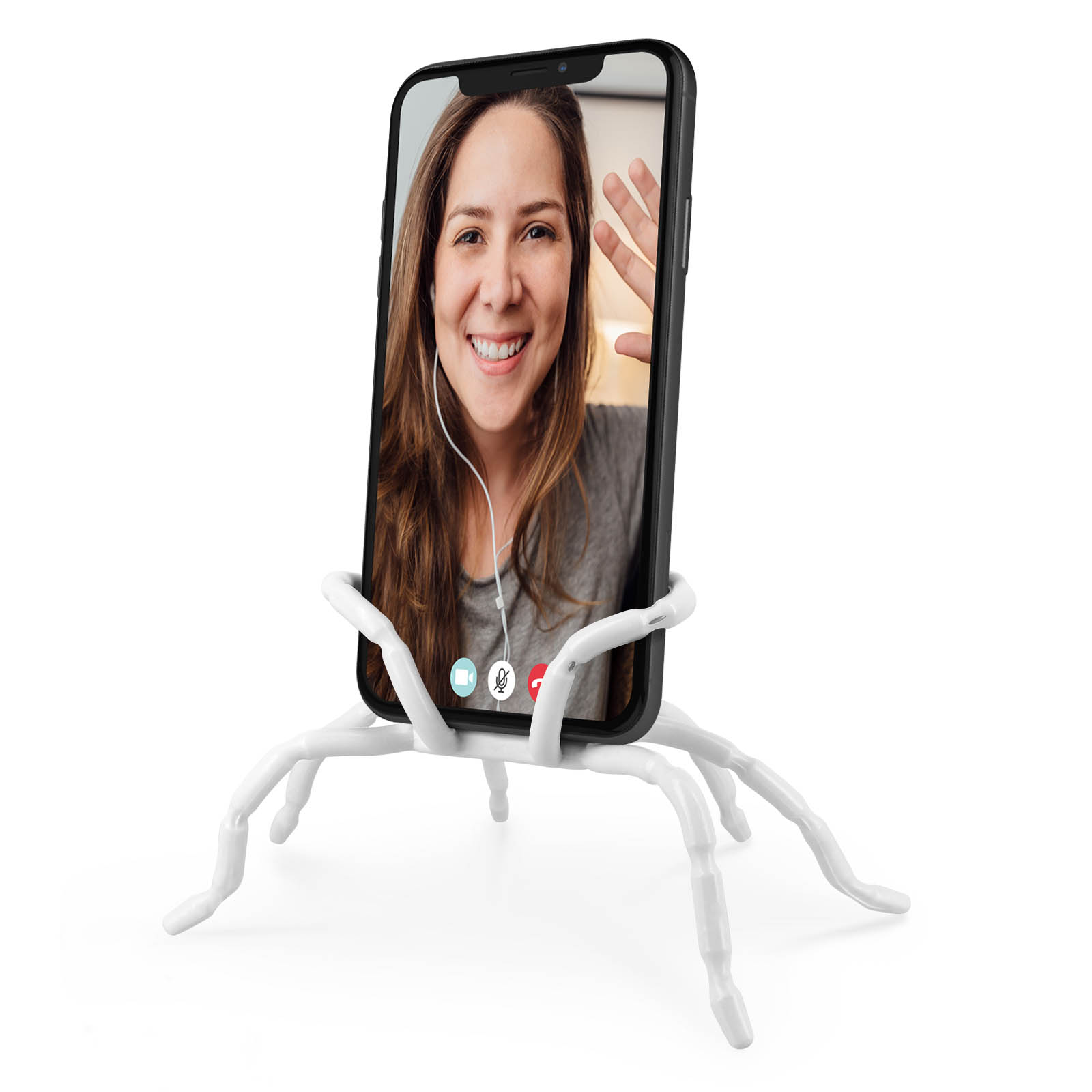 Smartphone tenuto da un supporto bianco a forma di ragno, che mostra una videochiamata.