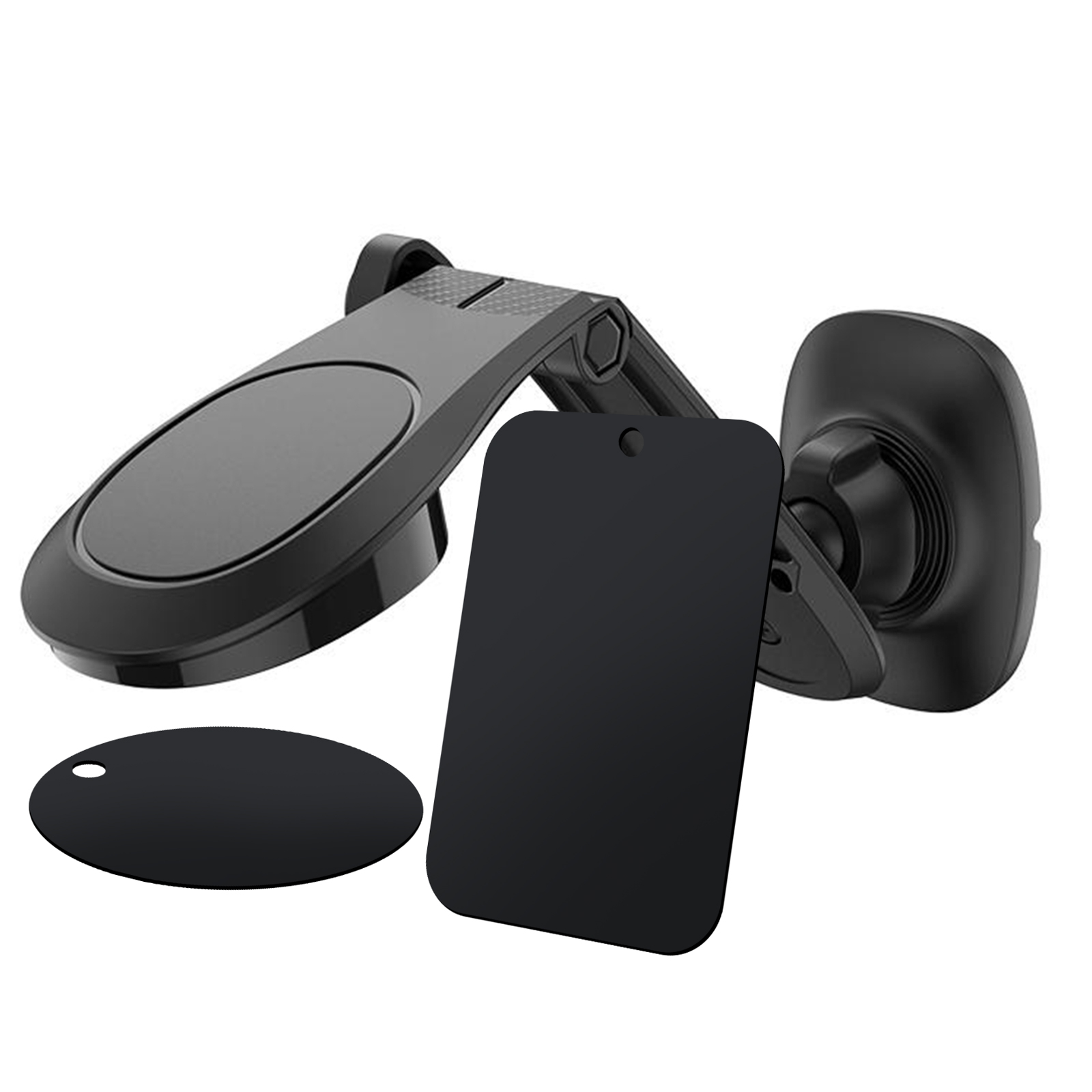 Supporto magnetico per telefono da auto con due piastre. Nero e argento.