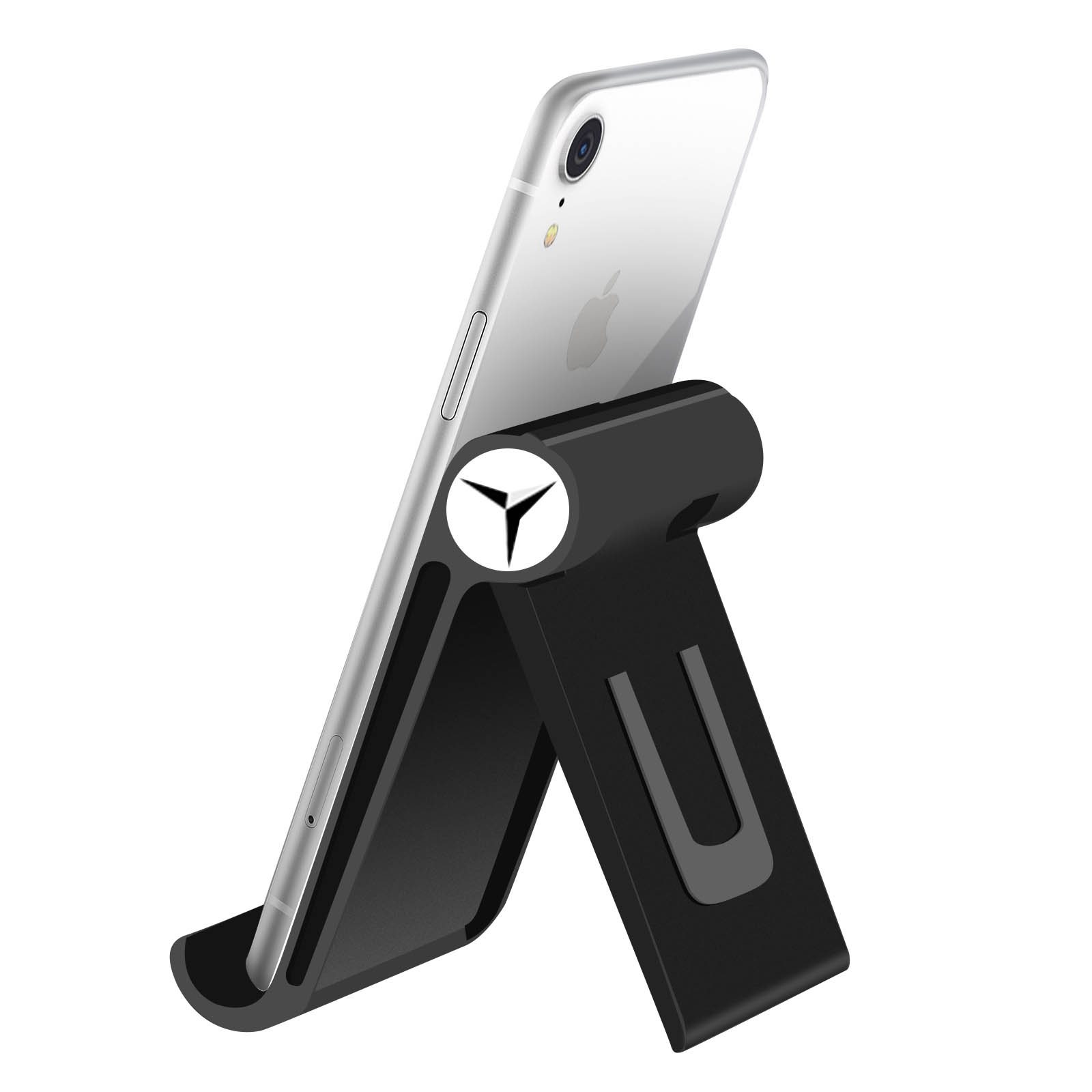 Supporto per telefono nero con telefono argentato, sfondo bianco.
