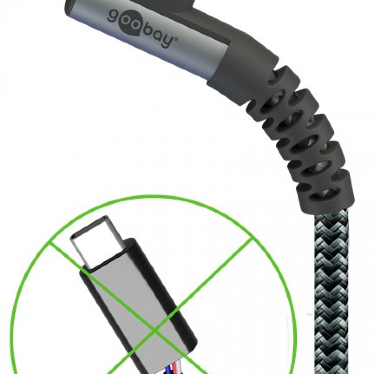 Close-up of a black and grey USB-C cable.