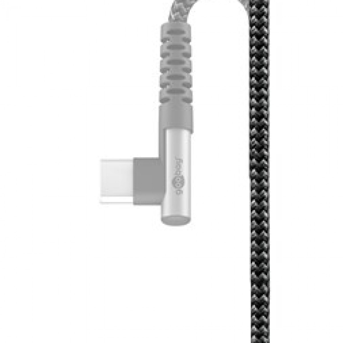 A gray USB-C cable with a black and gray braided cable.