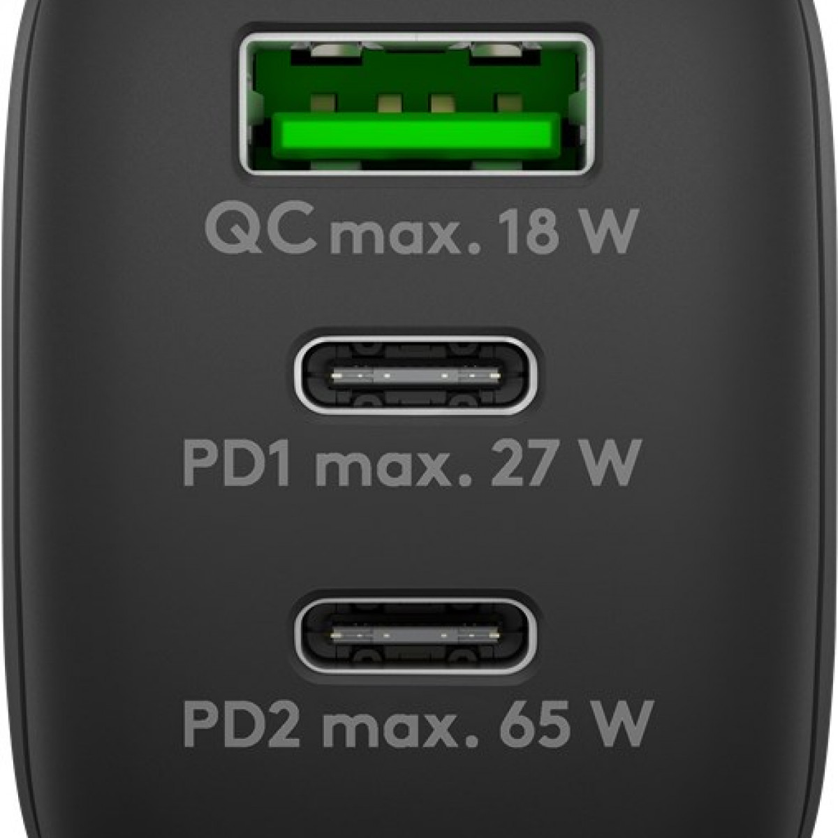 Ein schwarzer Ladeadapter mit drei Anschlüssen, beschriftet QC, PD1 und PD2.