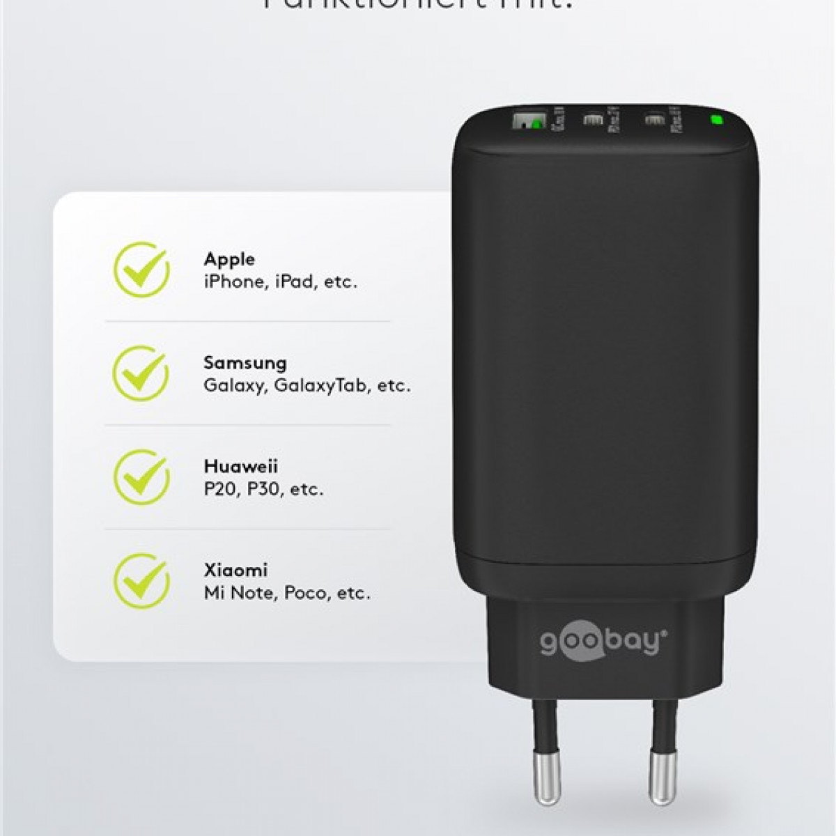 Ein schwarzes Ladegerät mit Stecker. Es ist kompatibel mit Apple-, Samsung-, Huawei- und Xiaomi-Geräten.