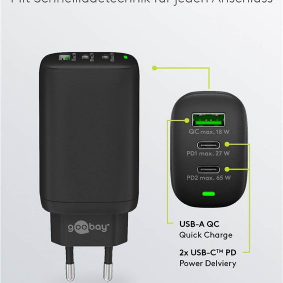 Ein schwarzes Ladegerät mit zwei USB-Anschlüssen und einem USB-A-Anschluss.