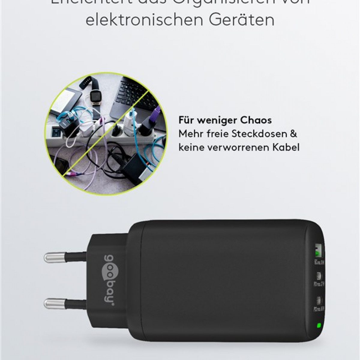 Ein schwarzes Ladegerät mit mehreren USB-Anschlüssen. Der Text lautet "goobay". Der Hintergrund ist weiß.