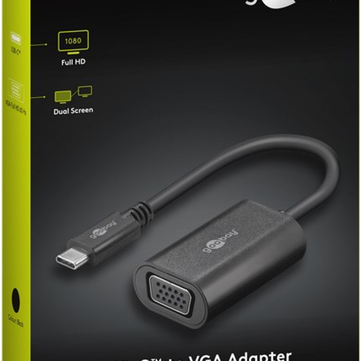 Schwarzer VGA-Adapter mit USB-C-Anschluss, auf einer schwarz-grünen Box mit Text.