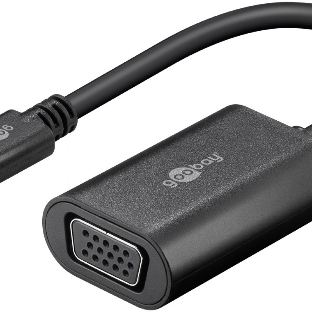 Schwarzer Adapter mit USB-C-Anschluss und VGA-Anschluss.