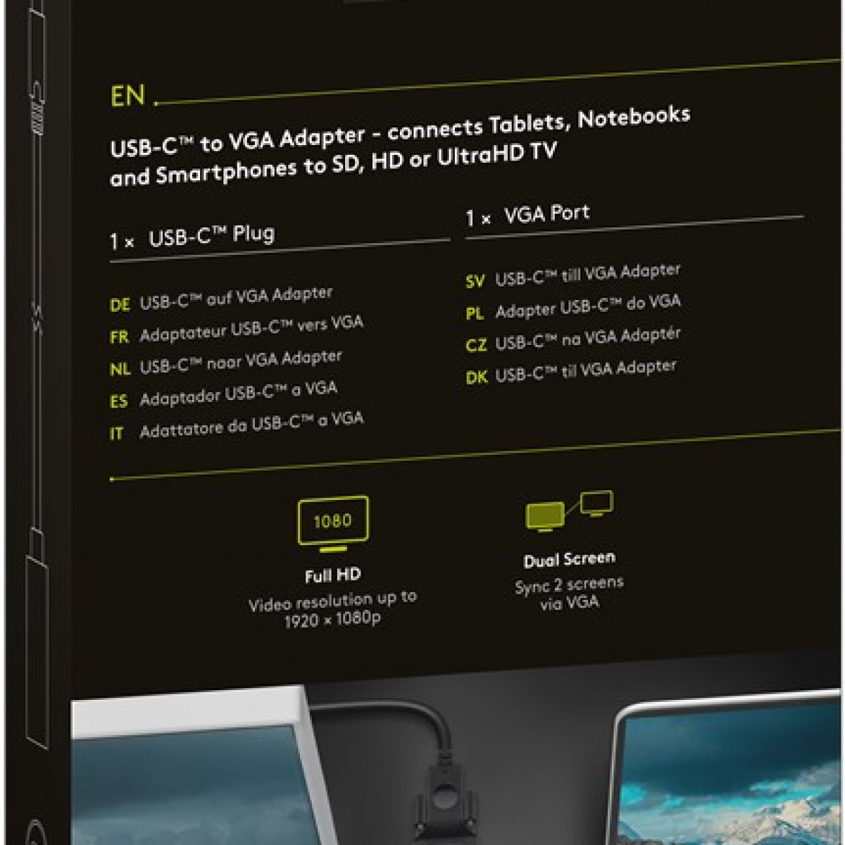 Box mit Text über USB-C auf VGA Adapter. Enthält Anschlüsse und Auflösungsdetails.