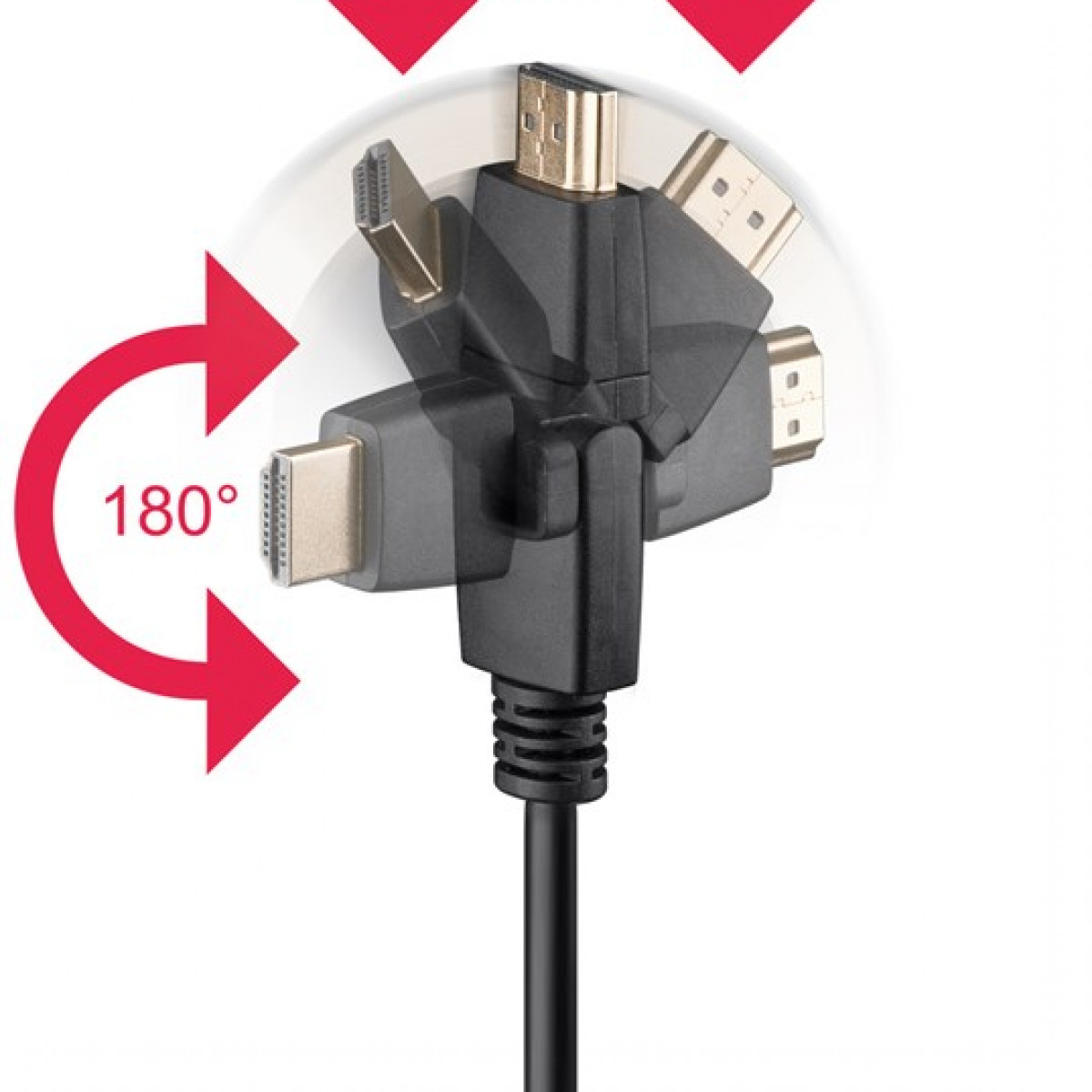 Schwarzer HDMI-Adapter mit mehreren Anschlüssen, verbunden mit einem schwarzen Kabel, mit 180°-Pfeilen.