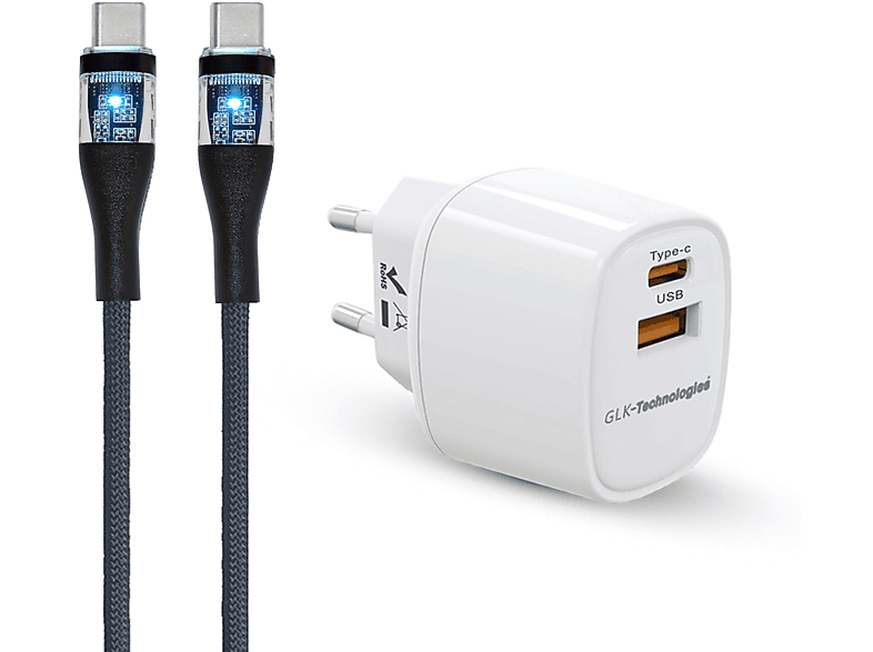 GLK-TECHNOLOGIES 33W 2-Port USB/USB-C inkl. USB C 1M Kabel White charger Samsung, Apple, iPhone, Huawei, Xiaomi, HTC, ONE PLUS, ect., White
