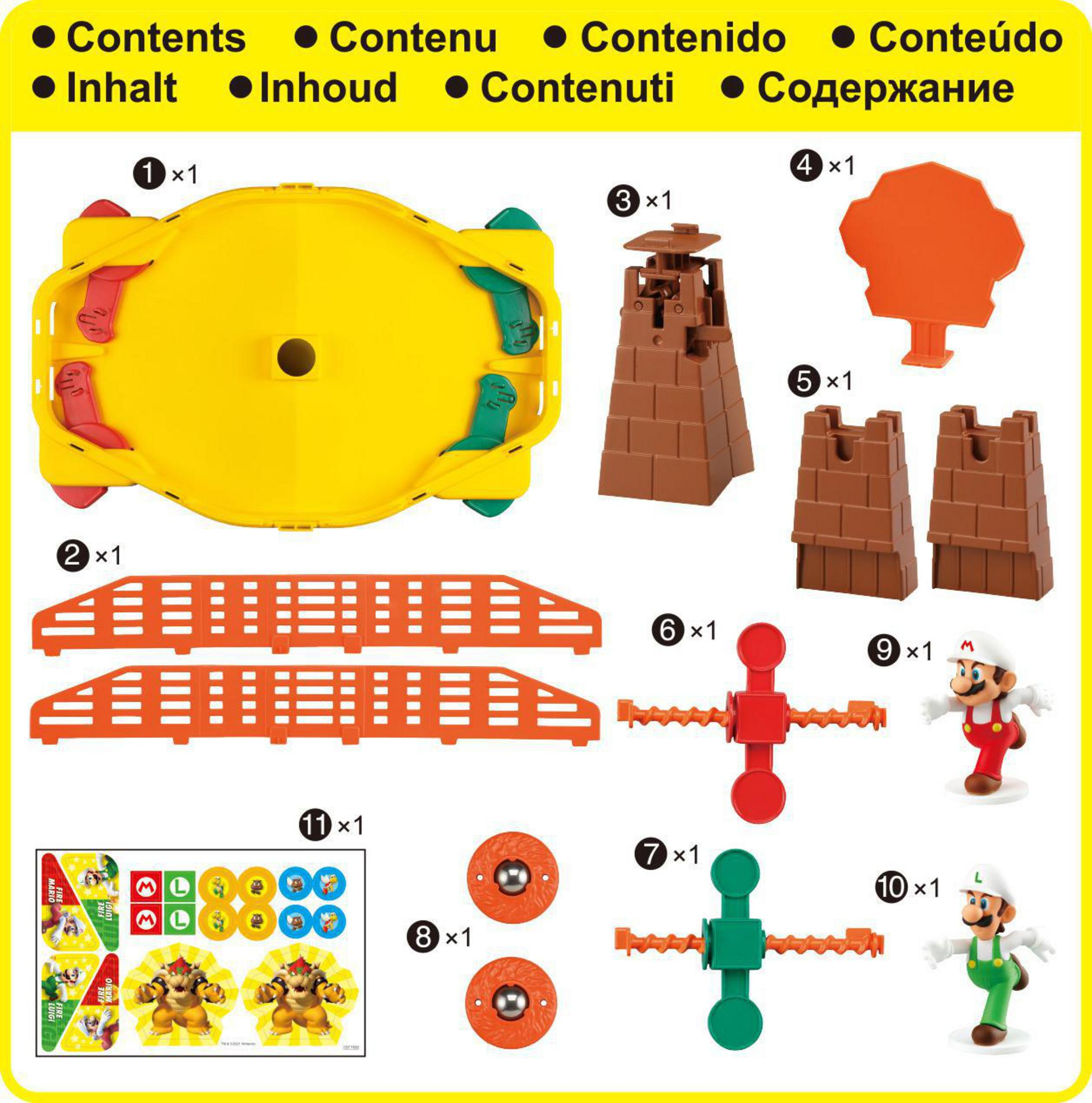 Contenido del juego: base amarilla, puentes naranjas, torres marrones, figuras de Mario y Luigi, pegatinas.