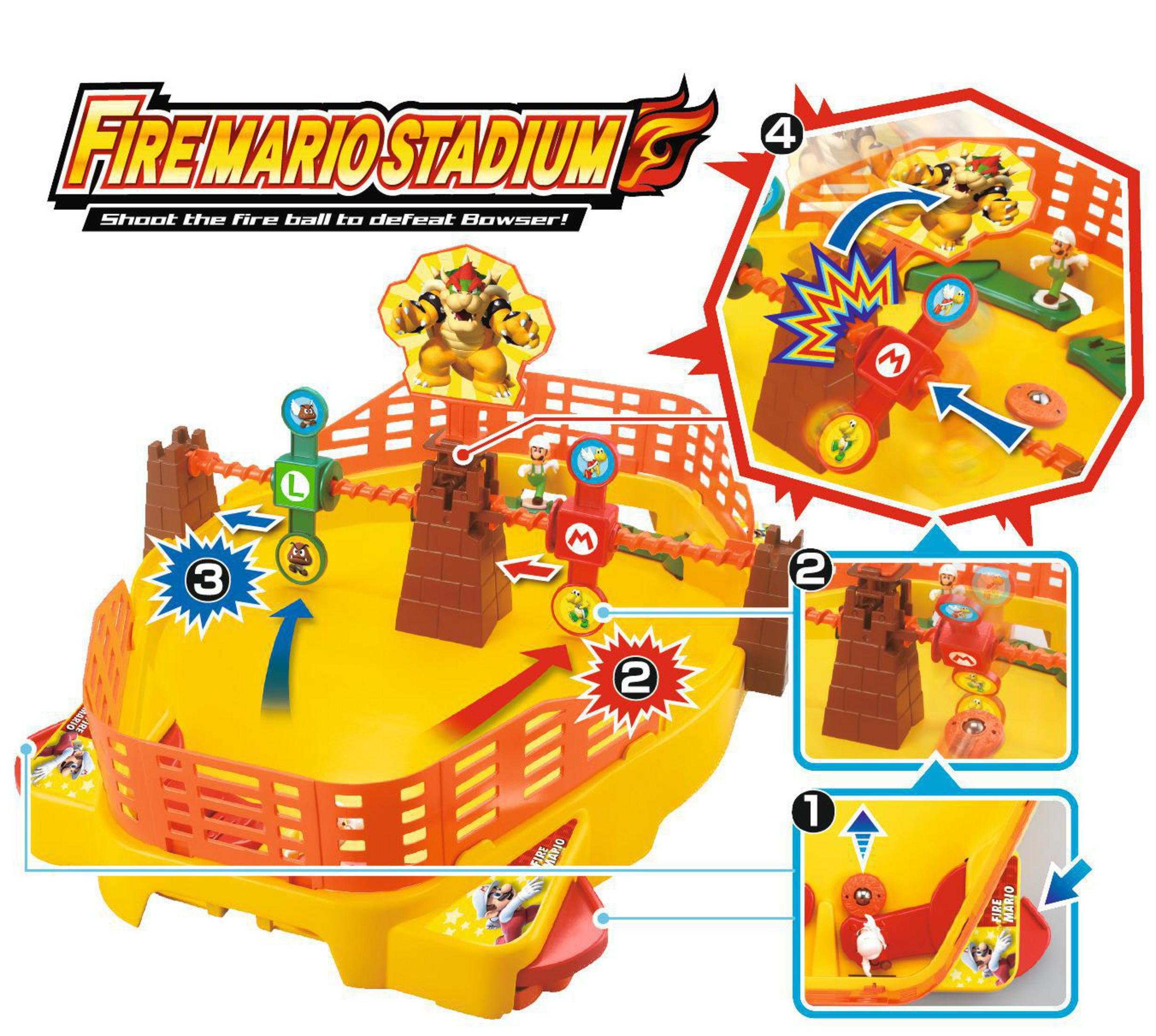 Un juguete Fire Mario Stadium. Presenta figuras, niveles e instrucciones.