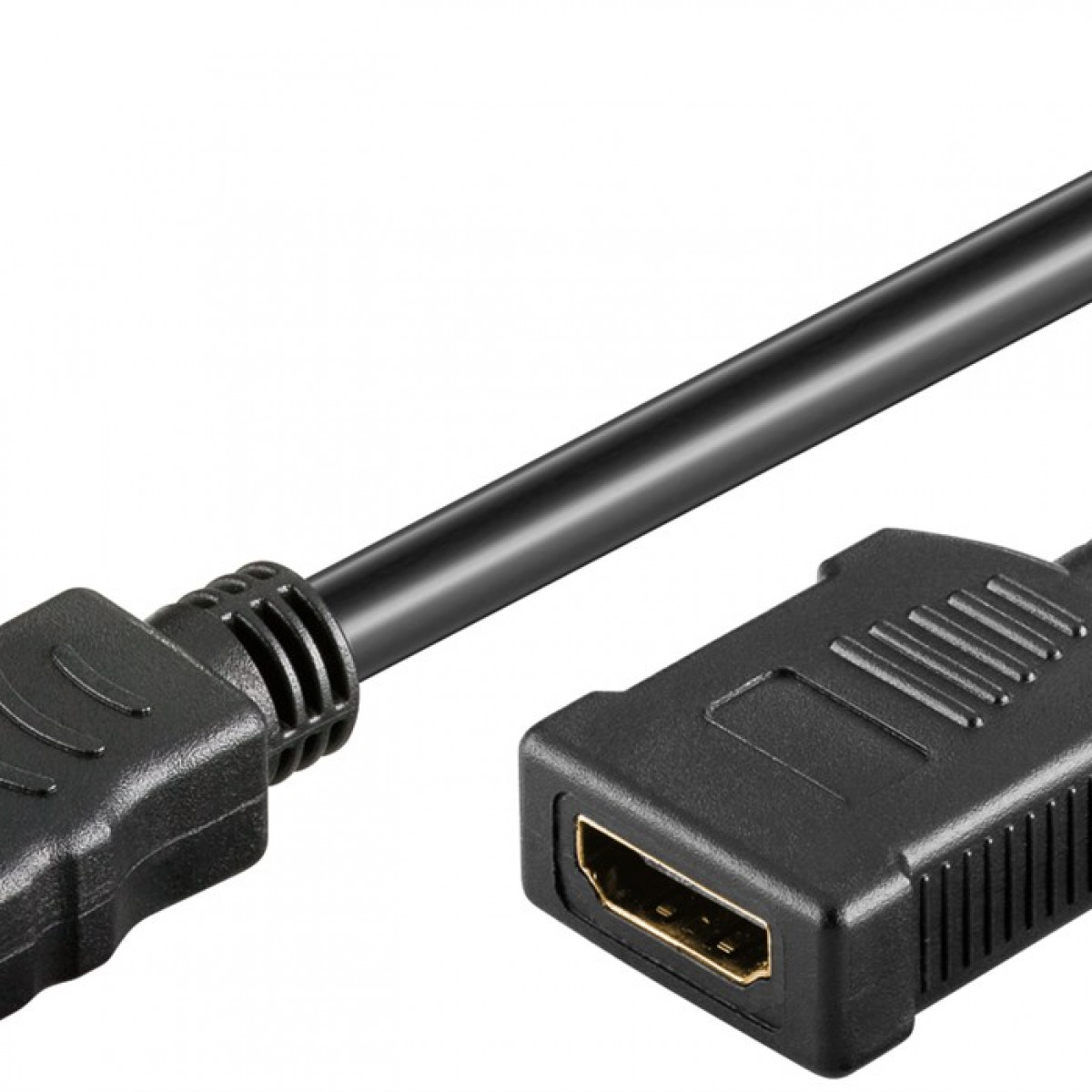Schwarzes HDMI-Kabel mit Steckern an jedem Ende, weißer Hintergrund.