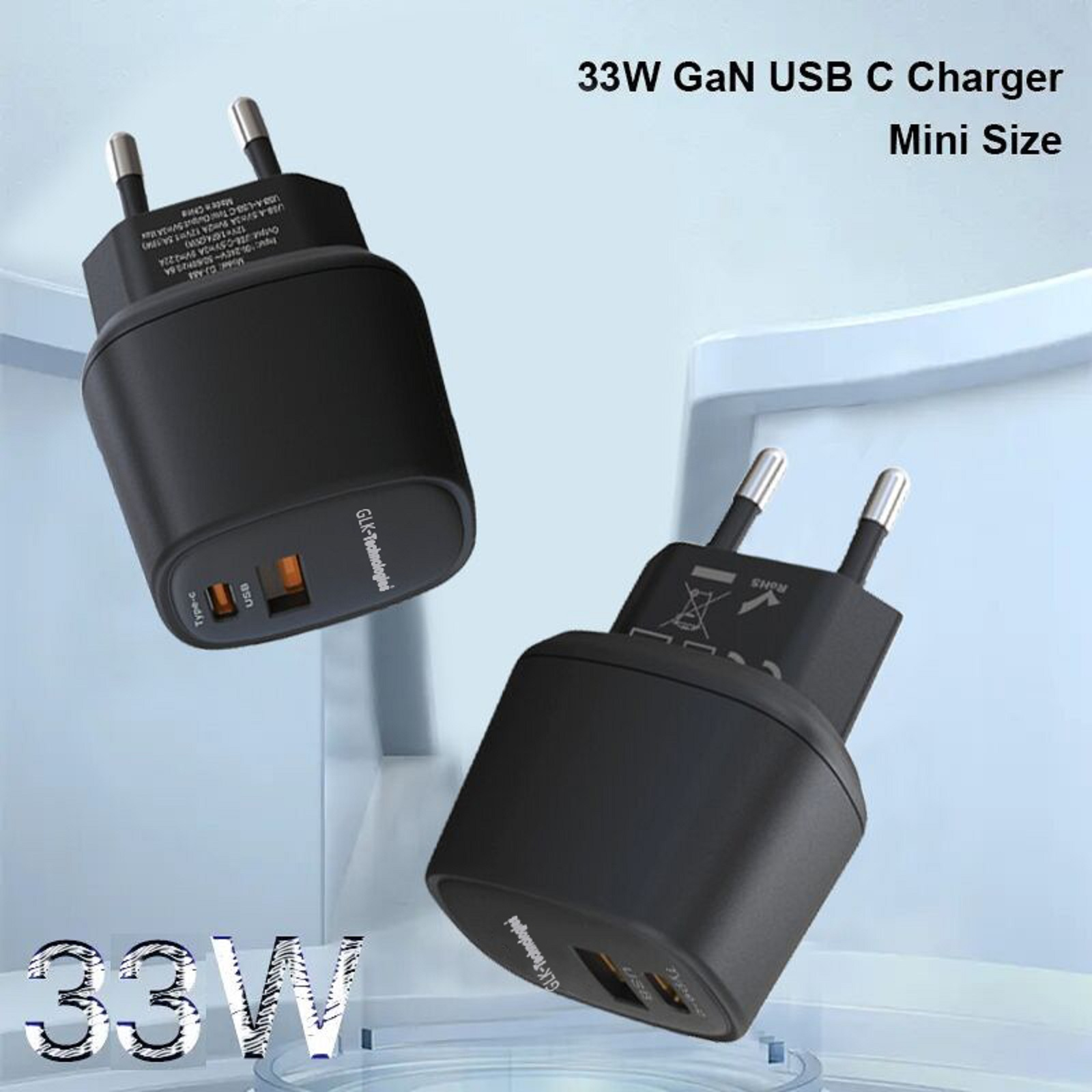 Zwei schwarze USB-Ladegeräte mit blauem Hintergrund. Die Ladegeräte sind mit '33W' beschriftet.
