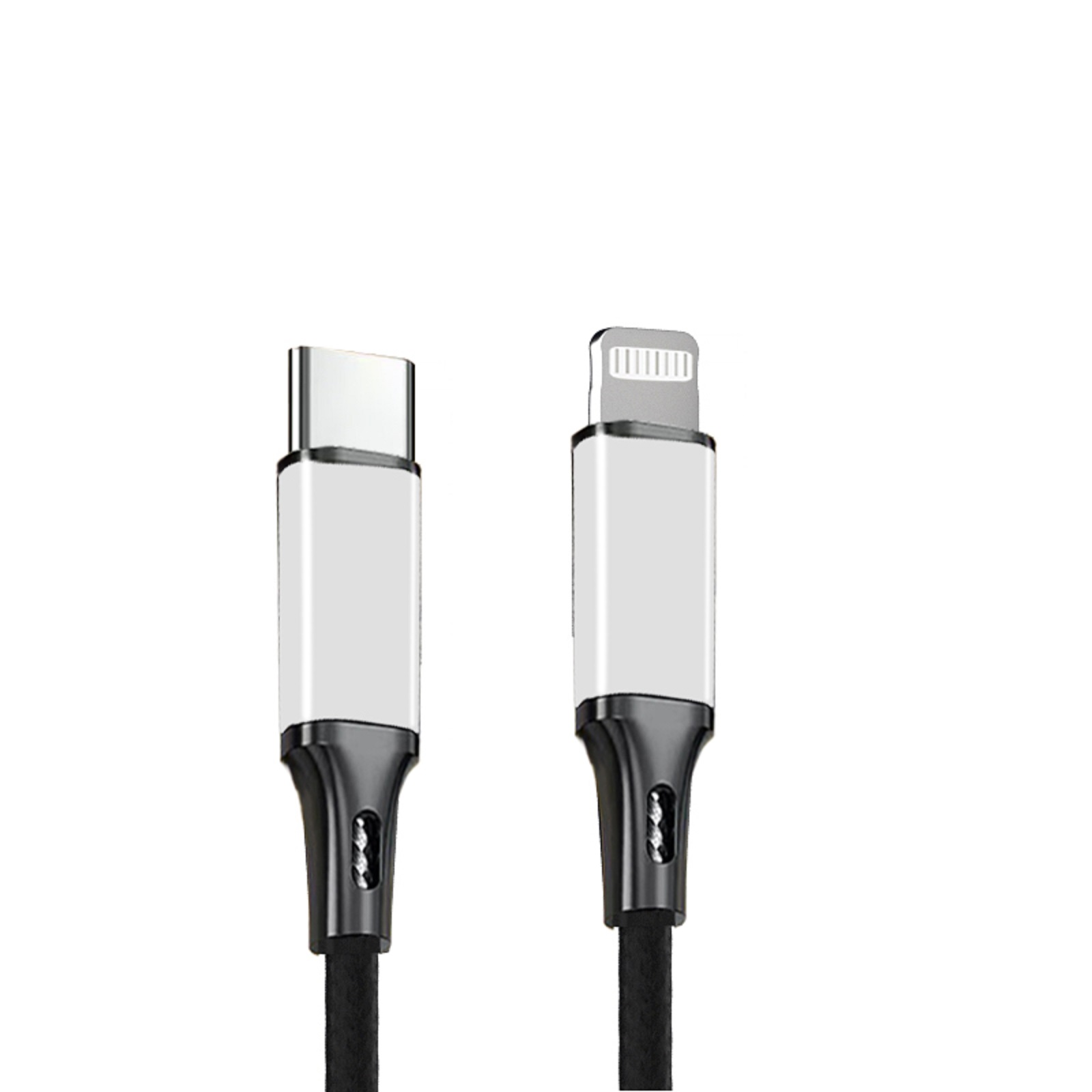 Zwei Ladekabel, eines USB-C und eines Lightning, beide mit weißen Enden.