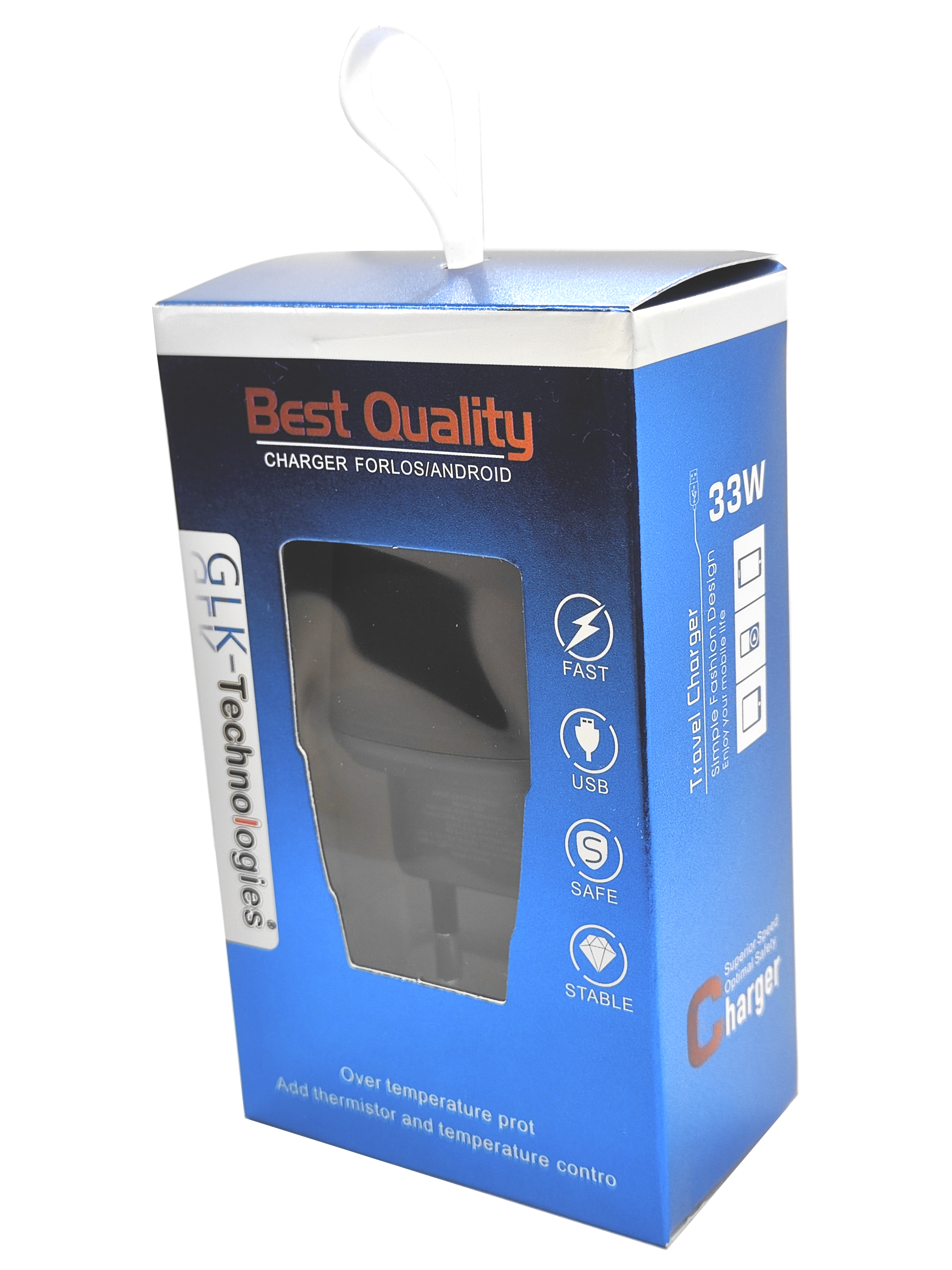 Blaue und weiße Ladegerätbox mit den Worten 'Best Quality' und '33W'.