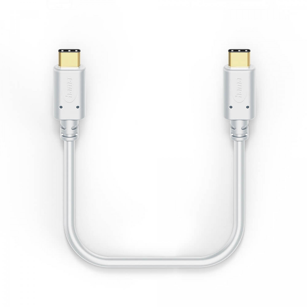 Un cavo USB-C bianco con connettori su ciascuna estremità, su sfondo bianco.