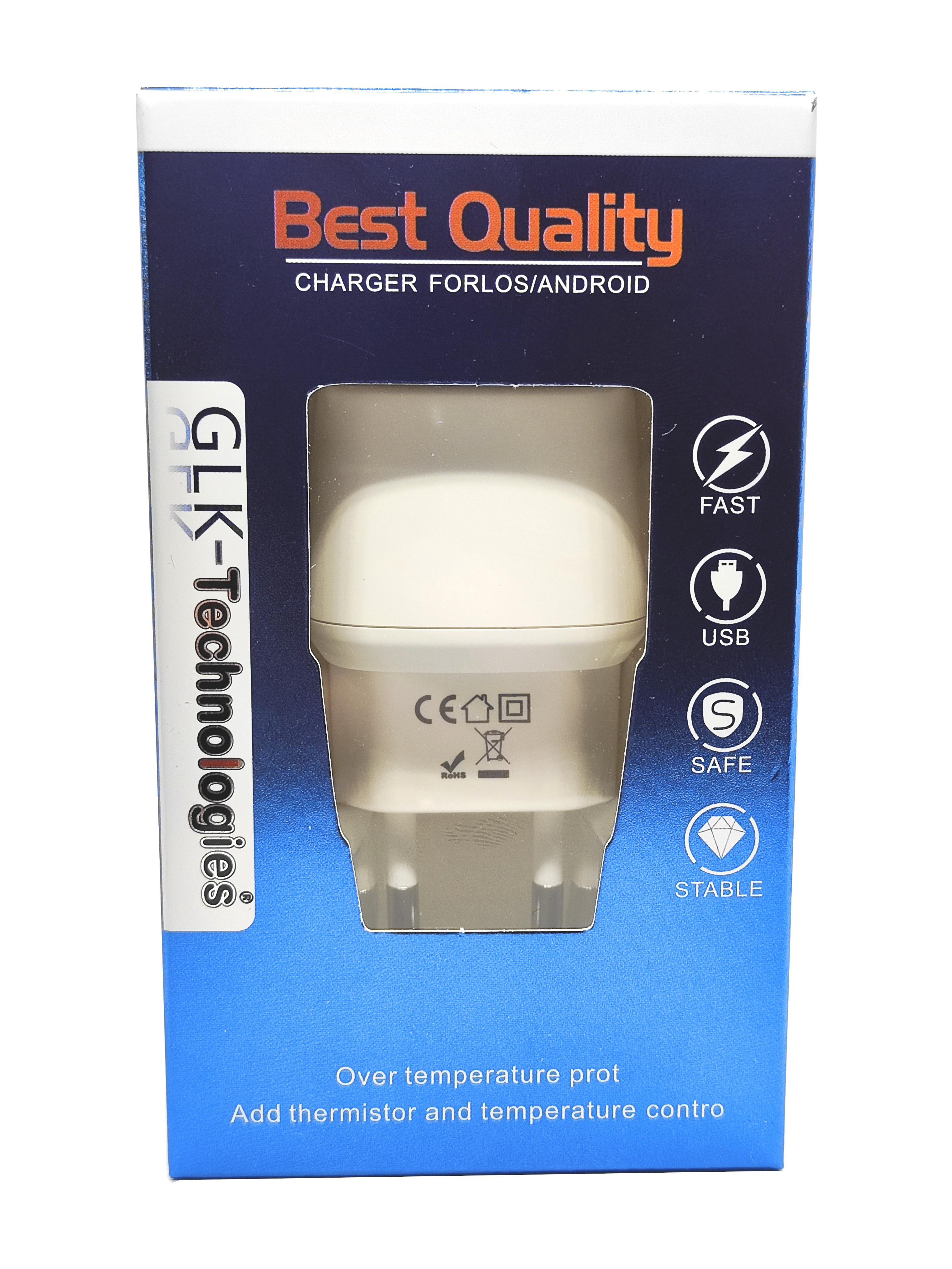 Eine blau-weiße Ladegerätbox mit Text 'Best Quality' und 'GLK-Technologies' sichtbar.