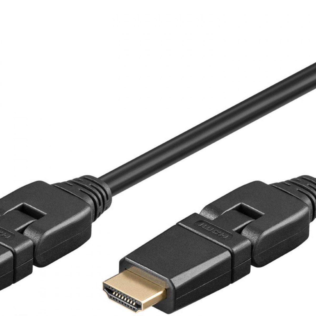 Schwarzes HDMI-Kabel mit Anschlüssen an beiden Enden, zum Anschließen von Geräten, vor weißem Hintergrund.