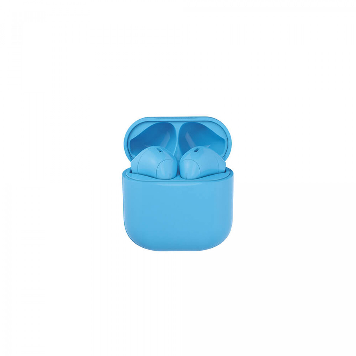 Blaue kabellose Ohrhörer in offenem Etui auf weißem Hintergrund.