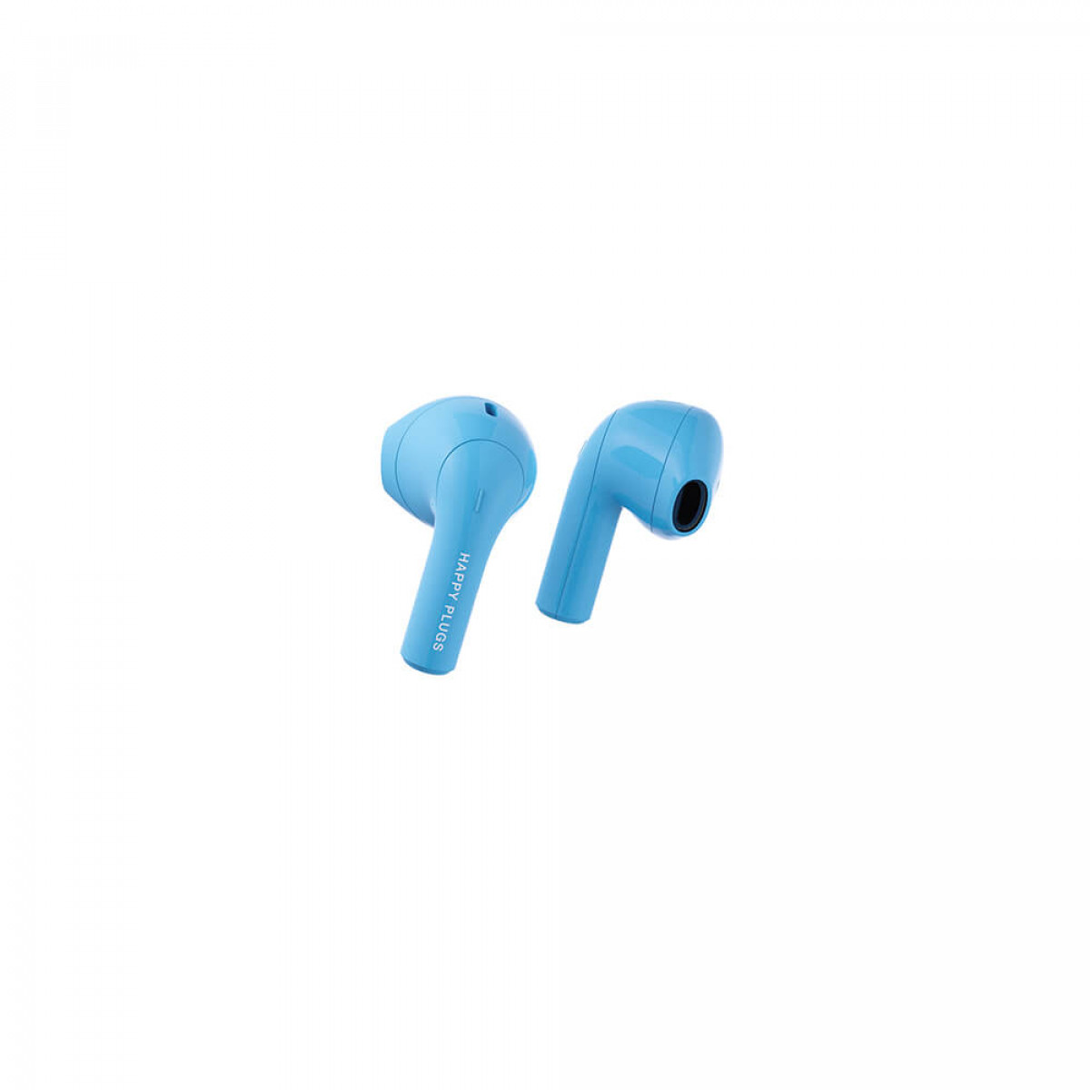 Zwei hellblaue Ohrhörer. Sie tragen den Aufdruck 'HAPPY PLUGS'.