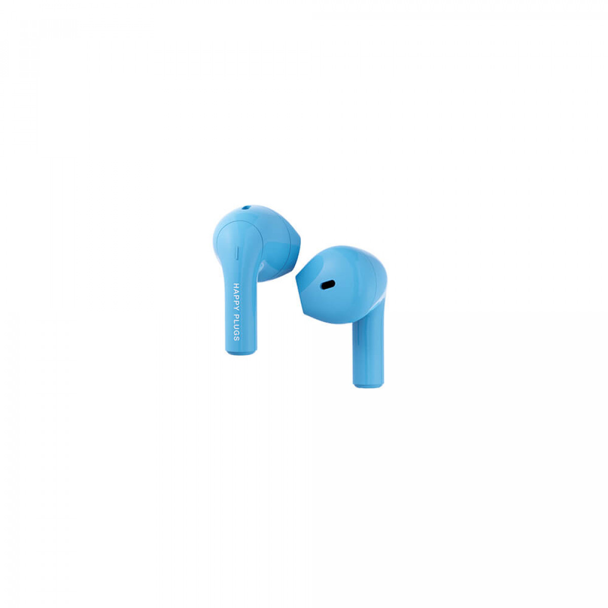 Zwei hellblaue kabellose Ohrhörer. Die Ohrhörer sind vor weißem Hintergrund platziert. Die Marke ist 'Happy Plugs'.