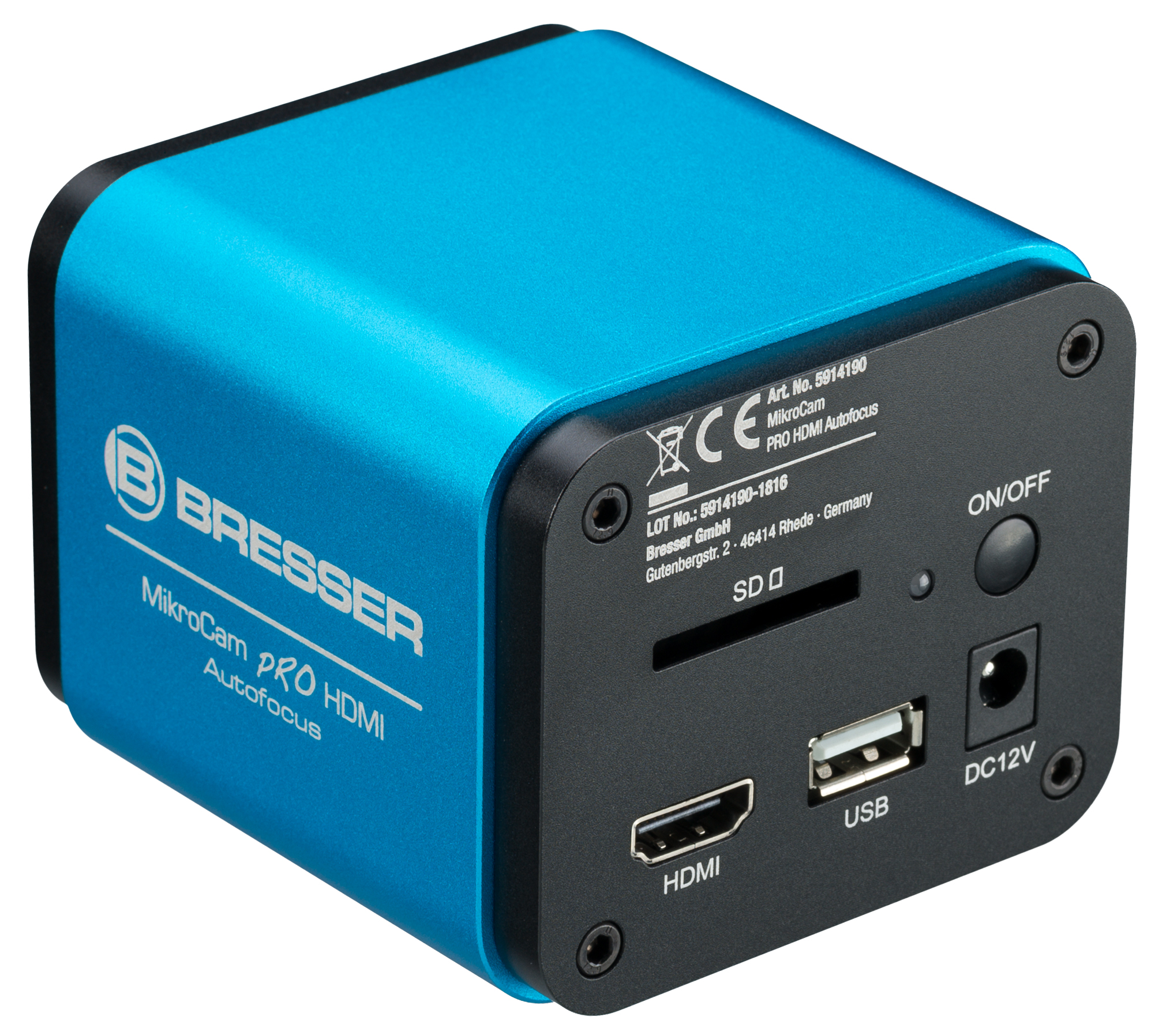 Cámara azul MikroCam Pro HDMI con botones, ranuras y el logo Bresser.
