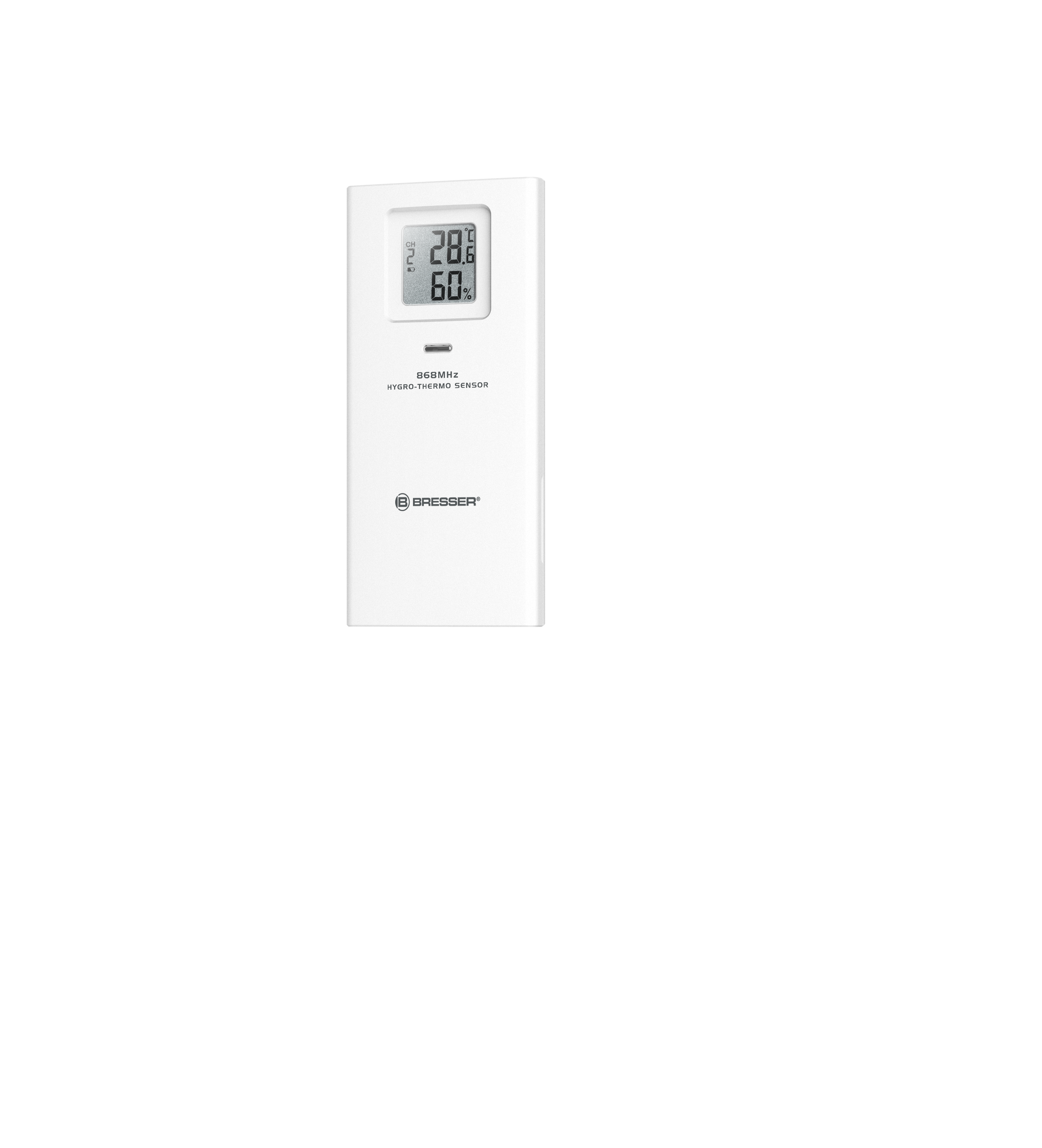 Termómetro digital blanco con pantalla que muestra la temperatura y la humedad, fondo negro.